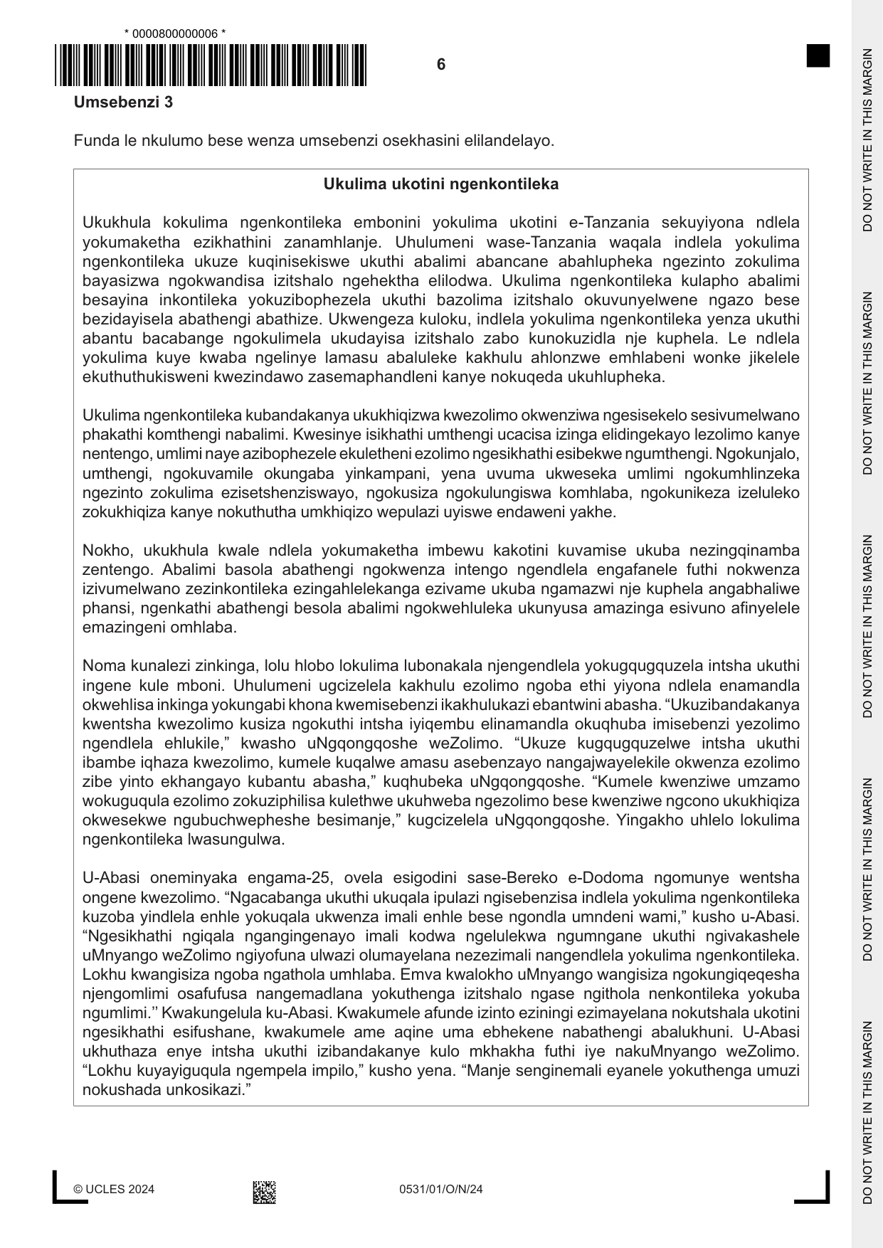 Cambridge IGCSE IsiZulu as a Second Language 0531 2024 Oct/Nov Paper 1 · Variant 0 question paper, page 6 of 16