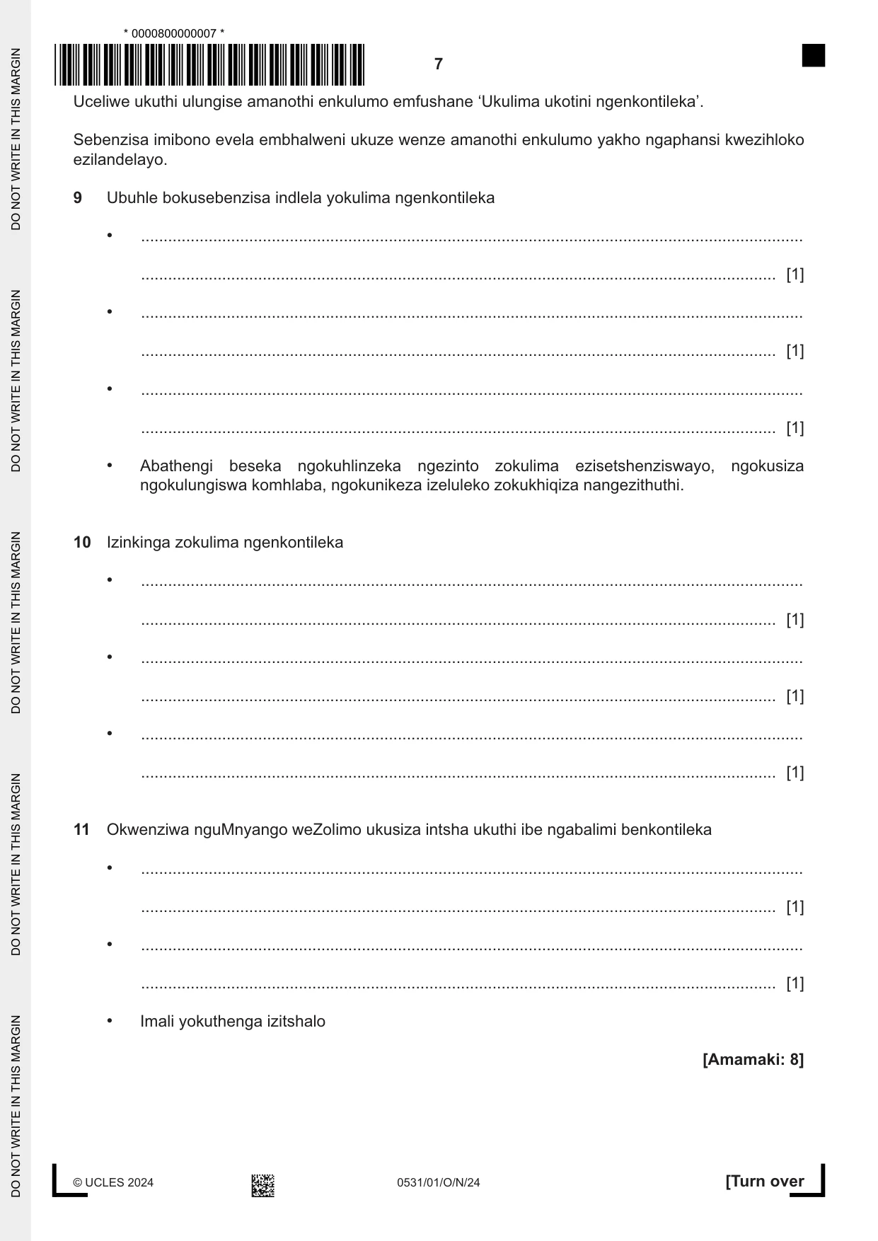 Cambridge IGCSE IsiZulu as a Second Language 0531 2024 Oct/Nov Paper 1 · Variant 0 question paper, page 7 of 16