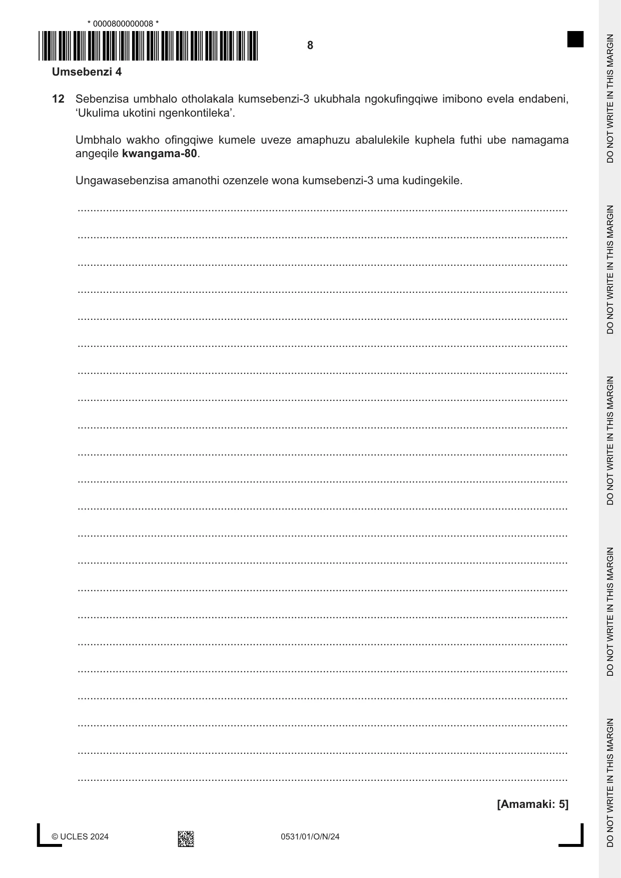 Cambridge IGCSE IsiZulu as a Second Language 0531 2024 Oct/Nov Paper 1 · Variant 0 question paper, page 8 of 16