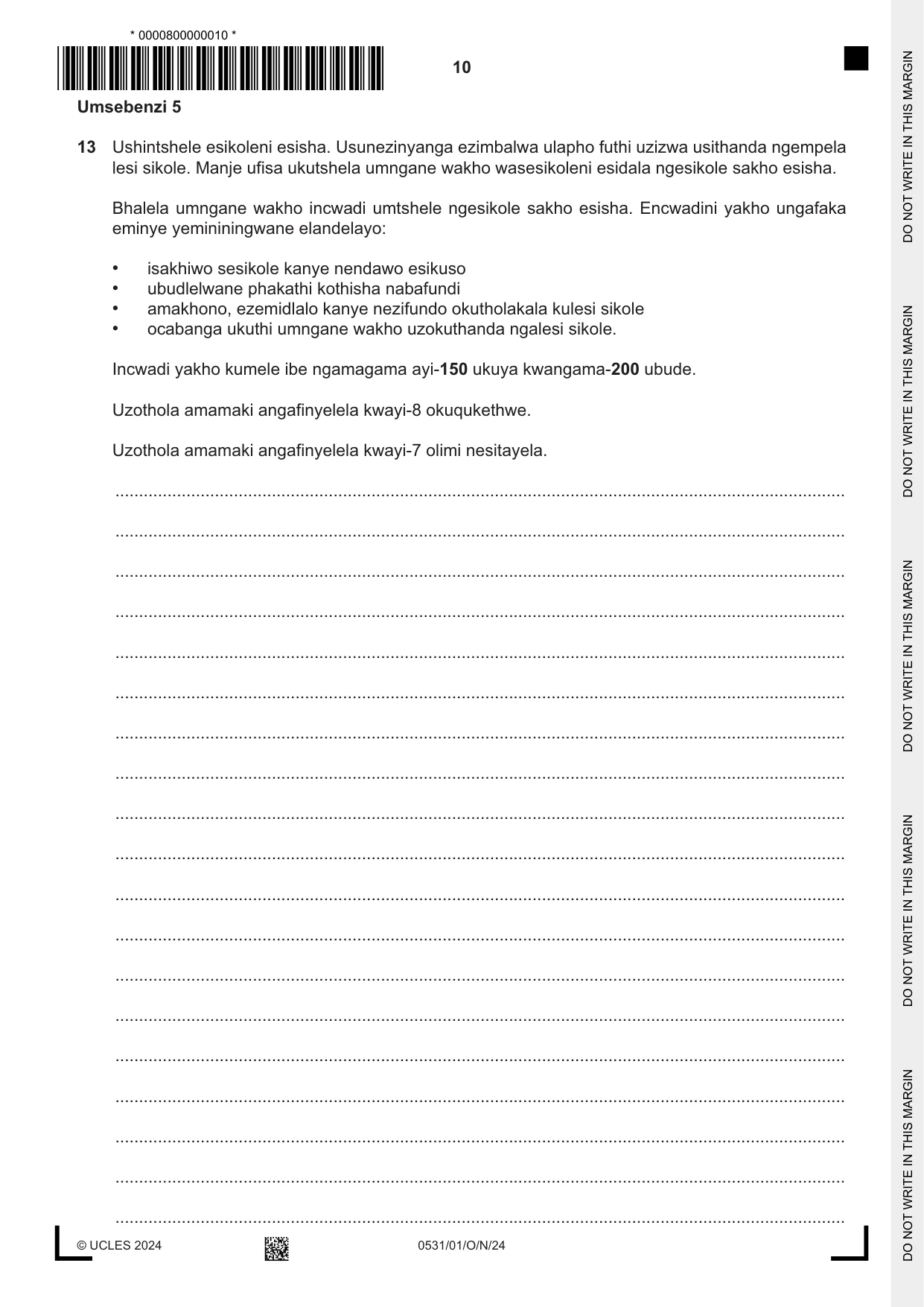 Cambridge IGCSE IsiZulu as a Second Language 0531 2024 Oct/Nov Paper 1 · Variant 0 question paper, page 10 of 16