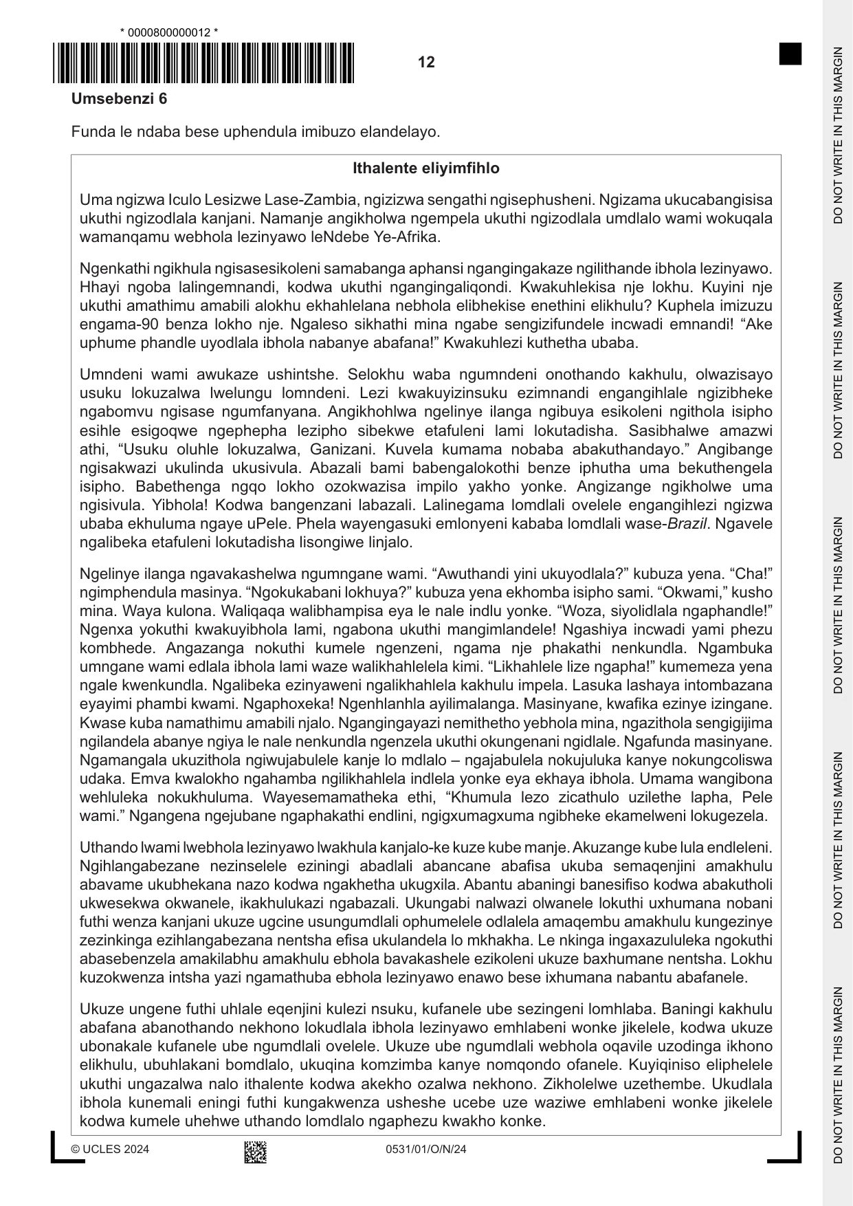 Cambridge IGCSE IsiZulu as a Second Language 0531 2024 Oct/Nov Paper 1 · Variant 0 question paper, page 12 of 16