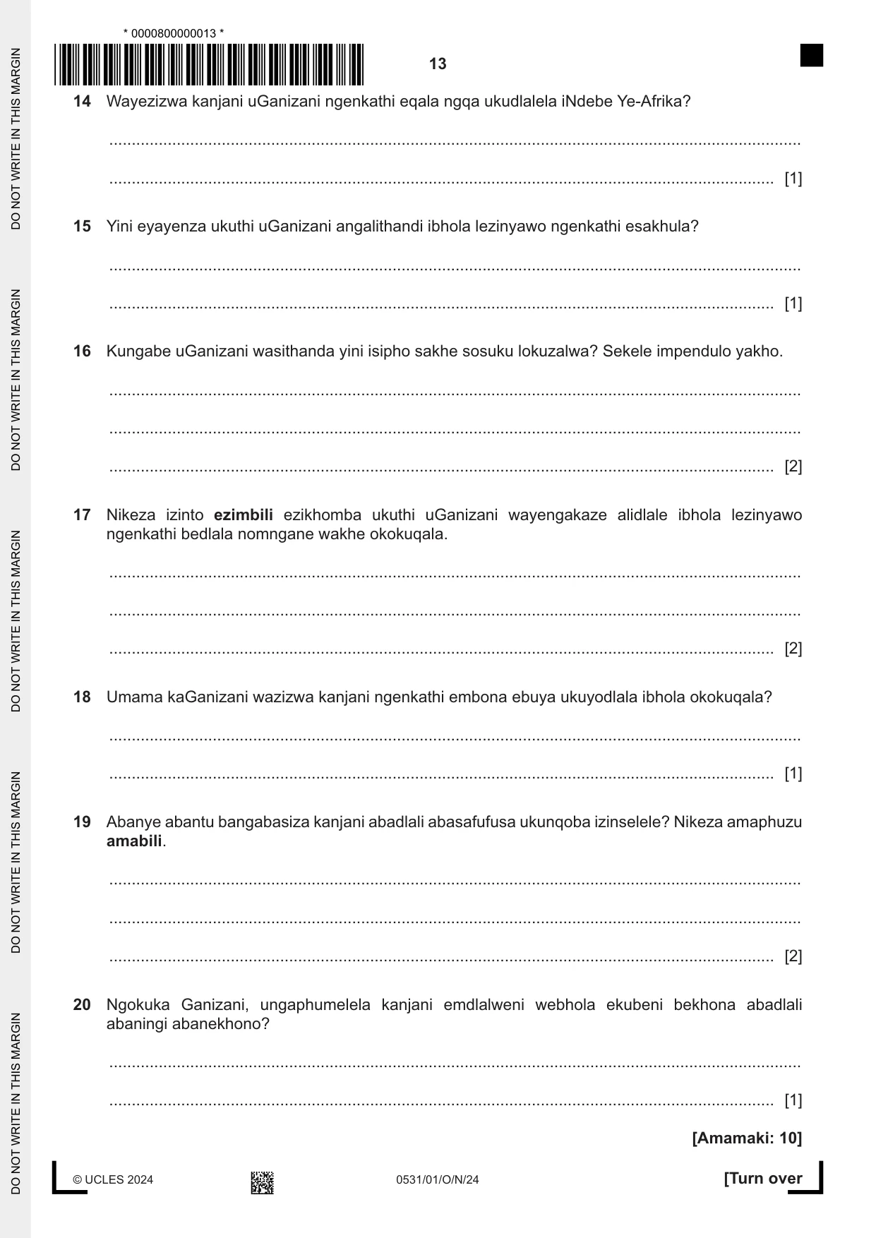 Cambridge IGCSE IsiZulu as a Second Language 0531 2024 Oct/Nov Paper 1 · Variant 0 question paper, page 13 of 16