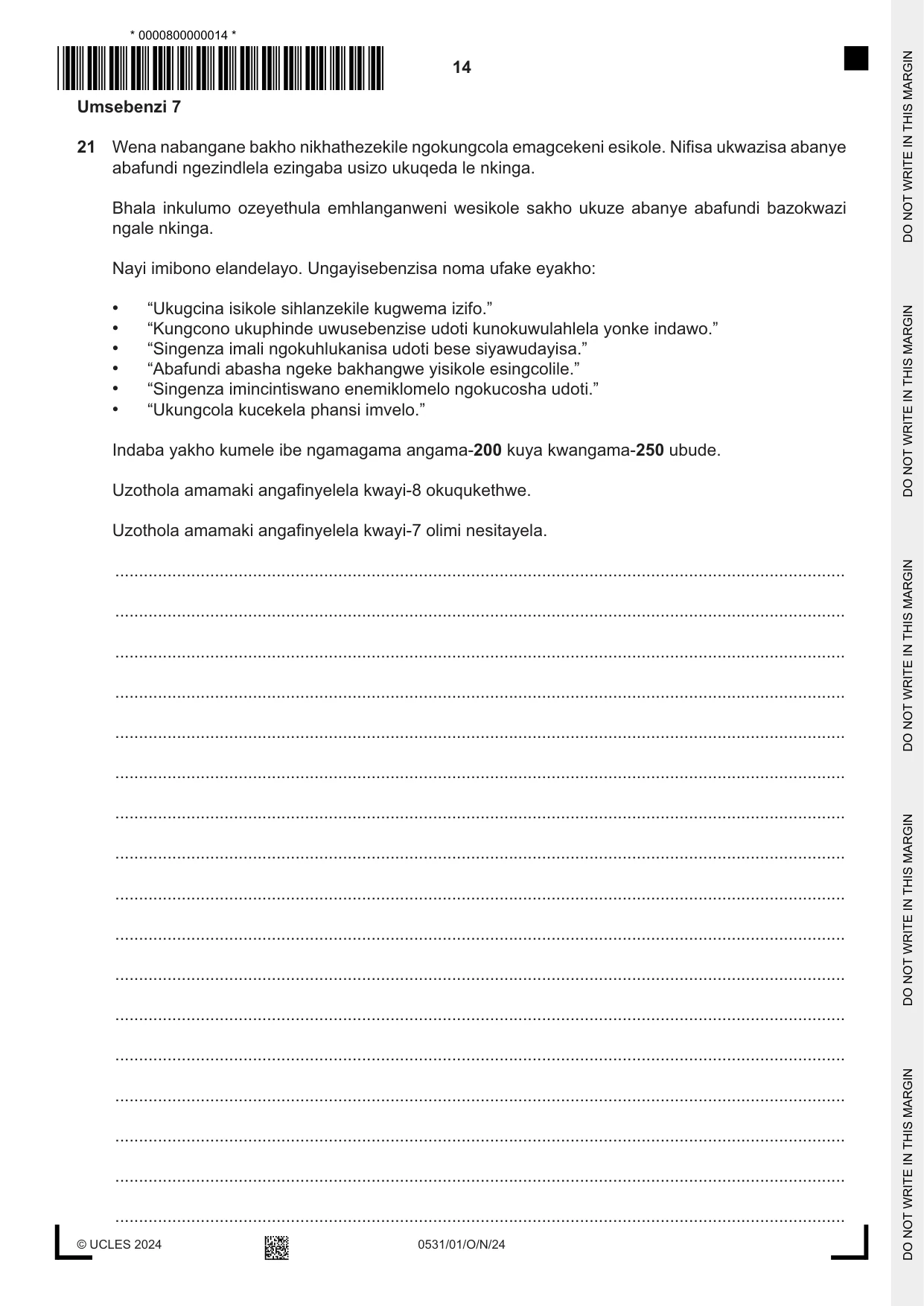 Cambridge IGCSE IsiZulu as a Second Language 0531 2024 Oct/Nov Paper 1 · Variant 0 question paper, page 14 of 16