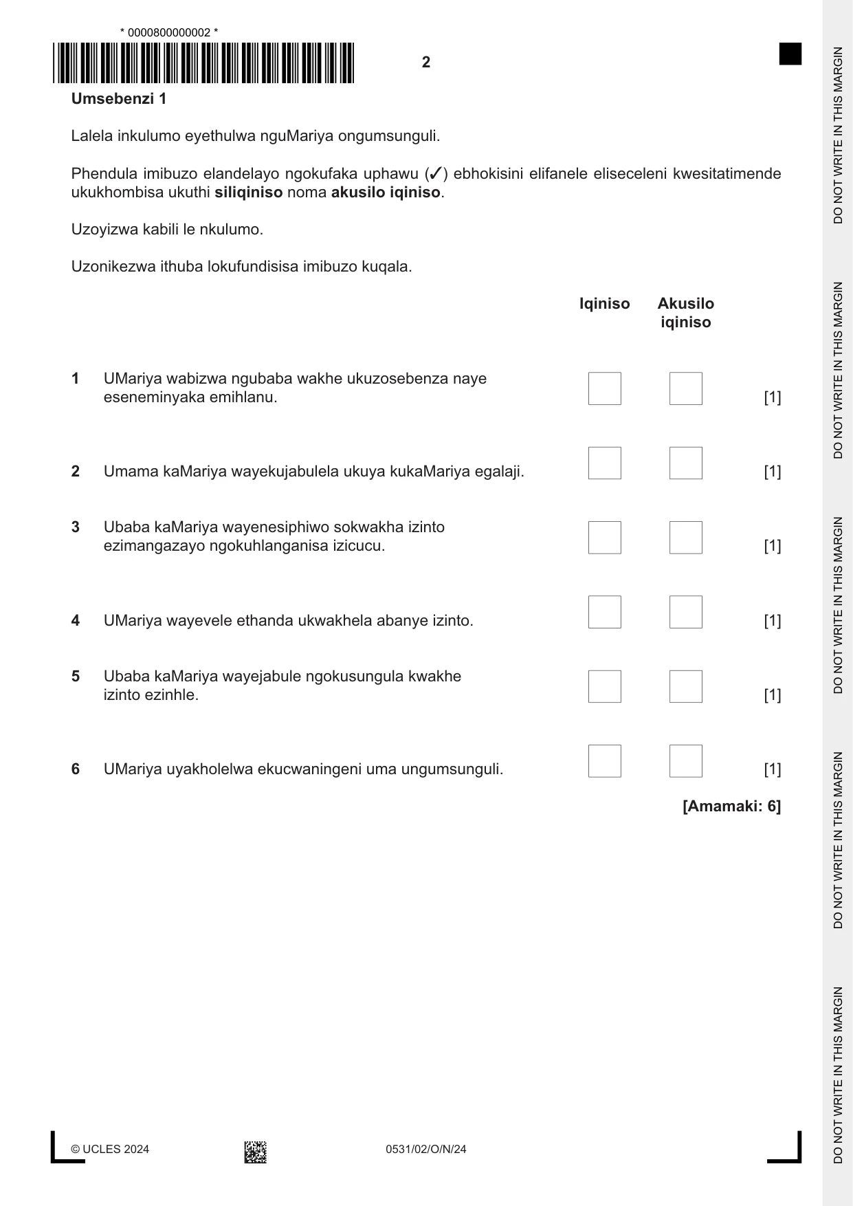 Cambridge IGCSE IsiZulu as a Second Language 0531 2024 Oct/Nov Paper 2 · Variant 0 question paper, page 2 of 8