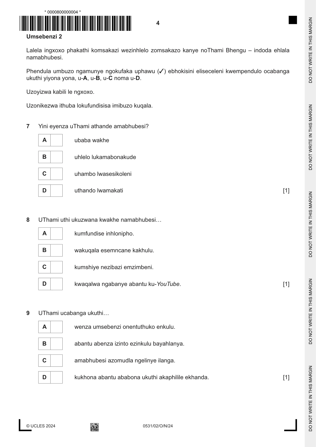 Cambridge IGCSE IsiZulu as a Second Language 0531 2024 Oct/Nov Paper 2 · Variant 0 question paper, page 4 of 8