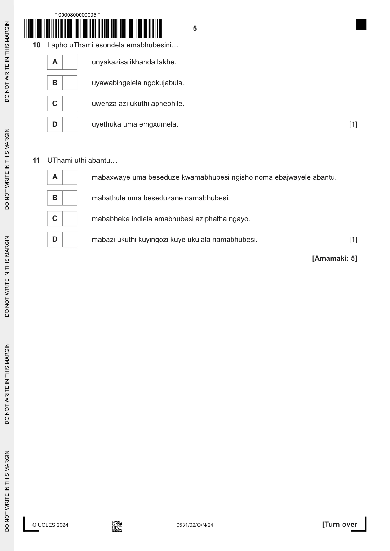 Cambridge IGCSE IsiZulu as a Second Language 0531 2024 Oct/Nov Paper 2 · Variant 0 question paper, page 5 of 8