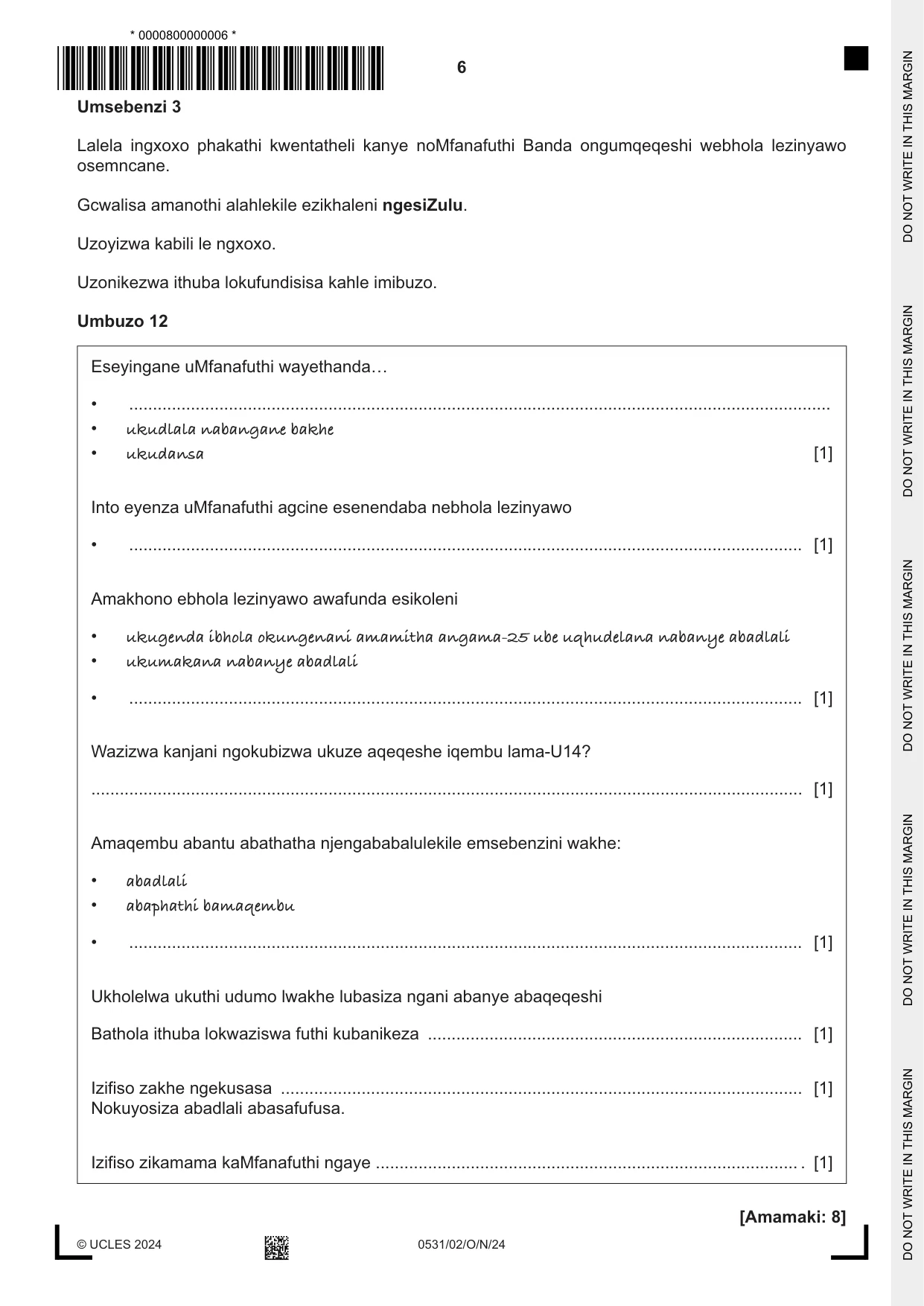 Cambridge IGCSE IsiZulu as a Second Language 0531 2024 Oct/Nov Paper 2 · Variant 0 question paper, page 6 of 8