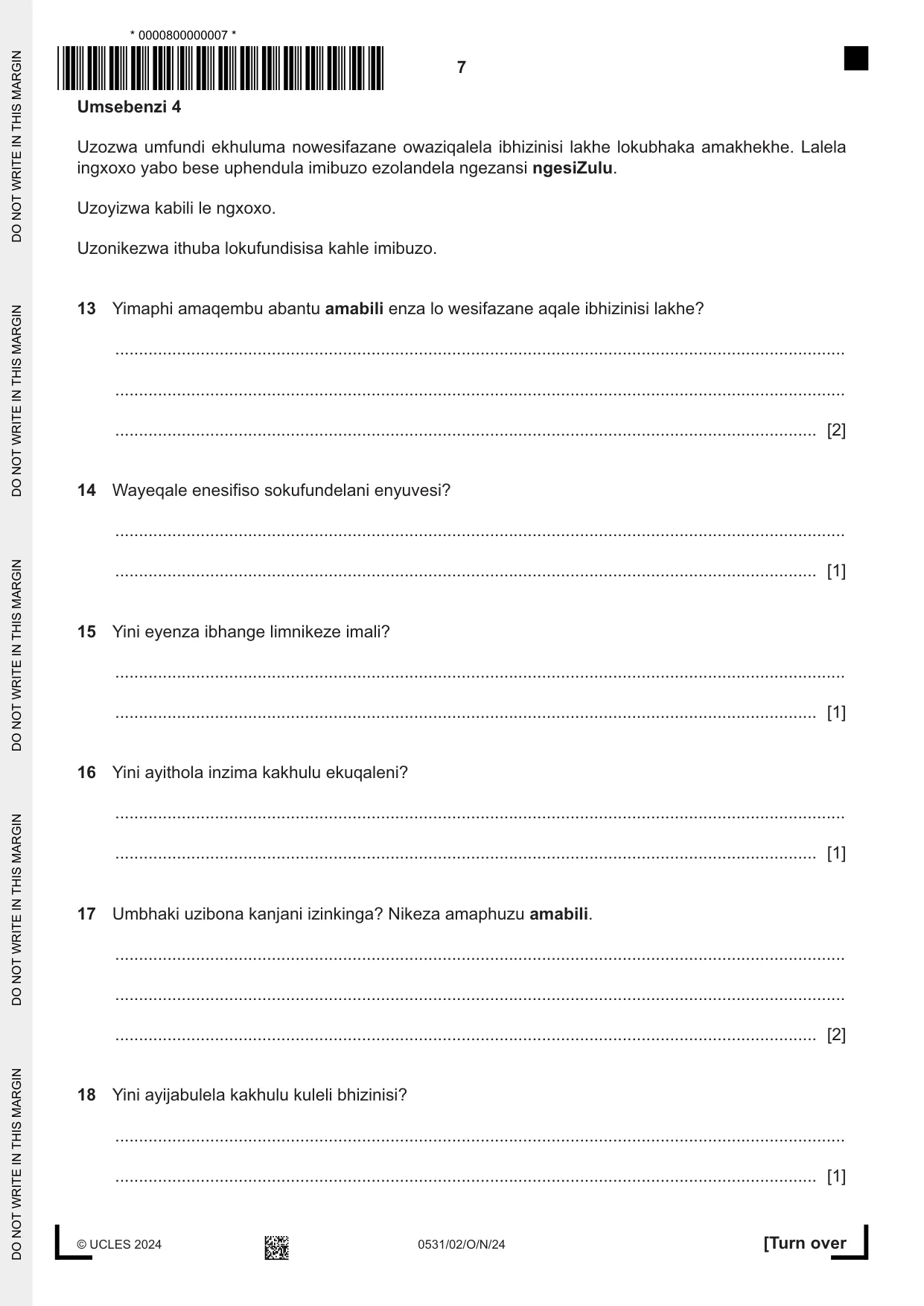 Cambridge IGCSE IsiZulu as a Second Language 0531 2024 Oct/Nov Paper 2 · Variant 0 question paper, page 7 of 8