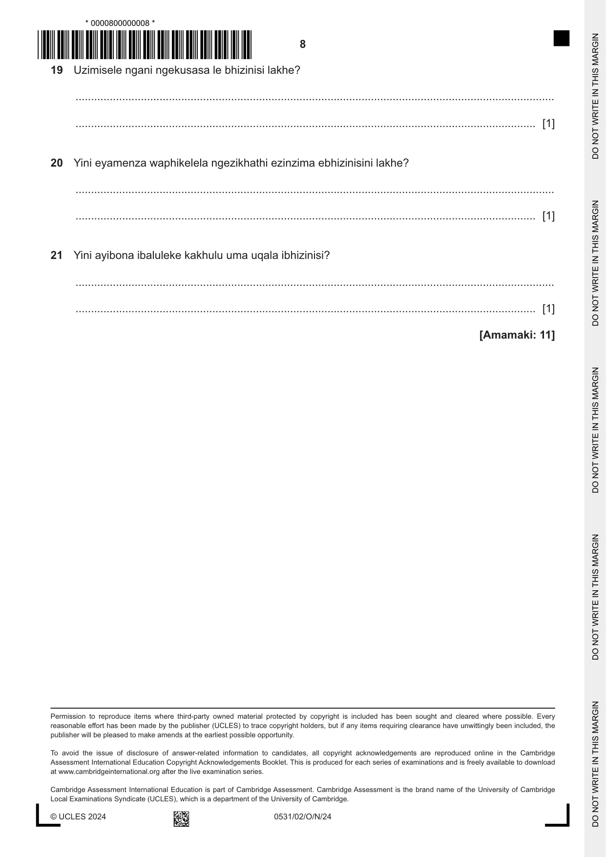 Cambridge IGCSE IsiZulu as a Second Language 0531 2024 Oct/Nov Paper 2 · Variant 0 question paper, page 8 of 8