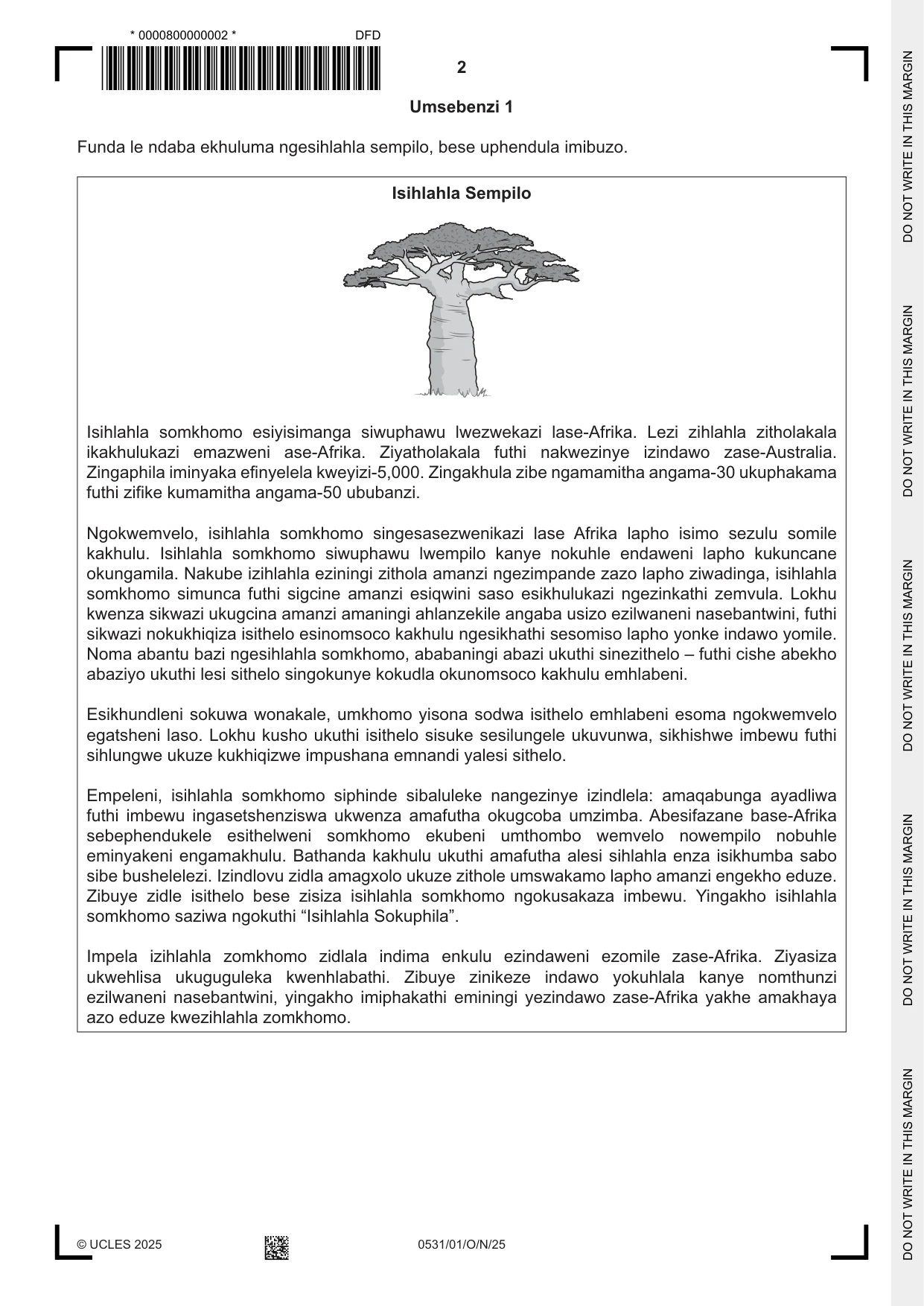 Cambridge IGCSE IsiZulu as a Second Language 0531 2025 Oct/Nov Paper 1 · Variant 0 question paper, page 2 of 20