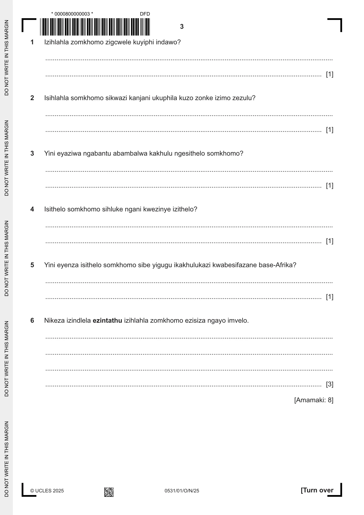 Cambridge IGCSE IsiZulu as a Second Language 0531 2025 Oct/Nov Paper 1 · Variant 0 question paper, page 3 of 20