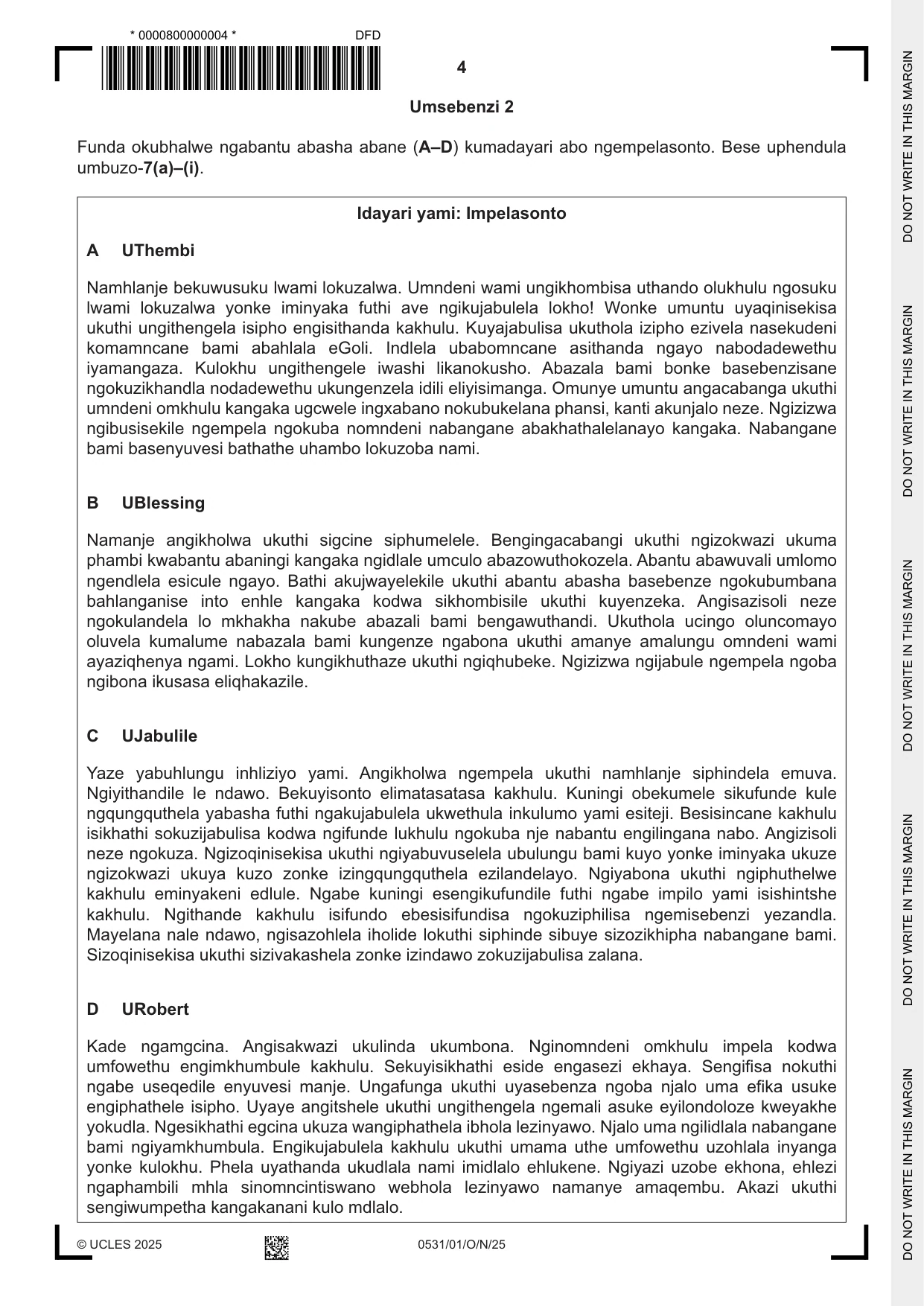 Cambridge IGCSE IsiZulu as a Second Language 0531 2025 Oct/Nov Paper 1 · Variant 0 question paper, page 4 of 20