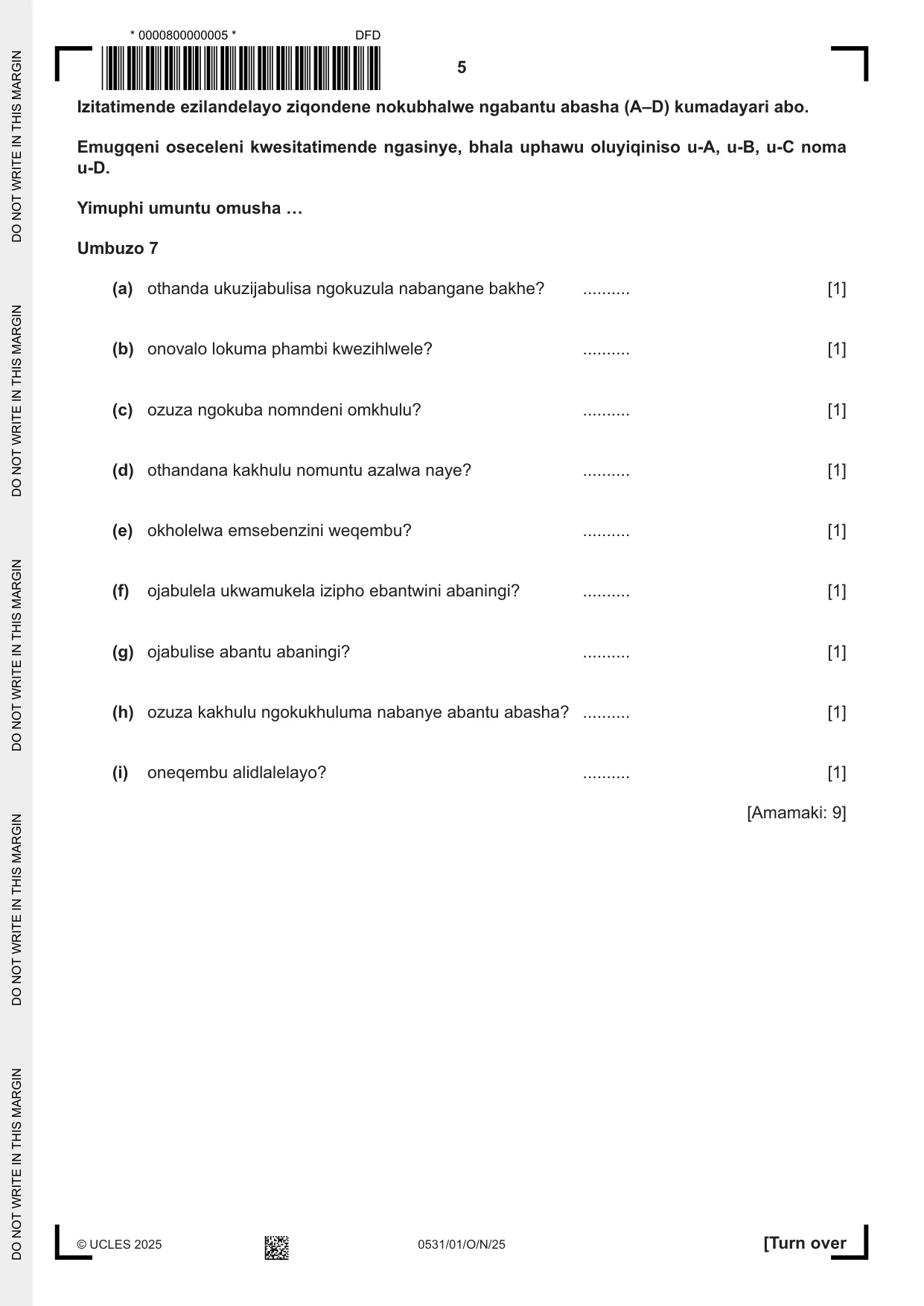 Cambridge IGCSE IsiZulu as a Second Language 0531 2025 Oct/Nov Paper 1 · Variant 0 question paper, page 5 of 20