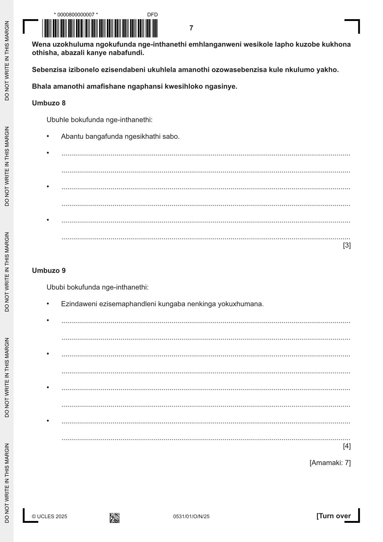 Cambridge IGCSE IsiZulu as a Second Language 0531 2025 Oct/Nov Paper 1 · Variant 0 question paper, page 7 of 20