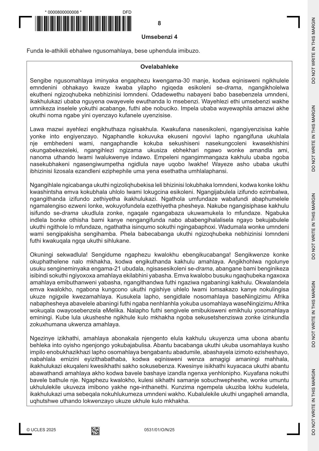 Cambridge IGCSE IsiZulu as a Second Language 0531 2025 Oct/Nov Paper 1 · Variant 0 question paper, page 8 of 20