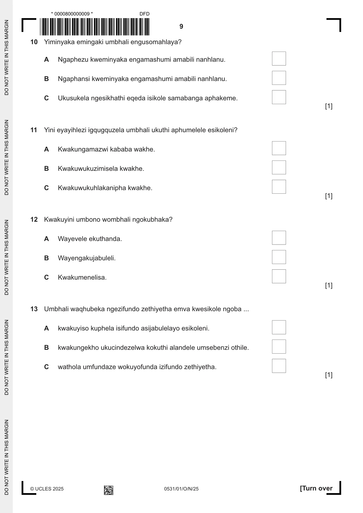 Cambridge IGCSE IsiZulu as a Second Language 0531 2025 Oct/Nov Paper 1 · Variant 0 question paper, page 9 of 20