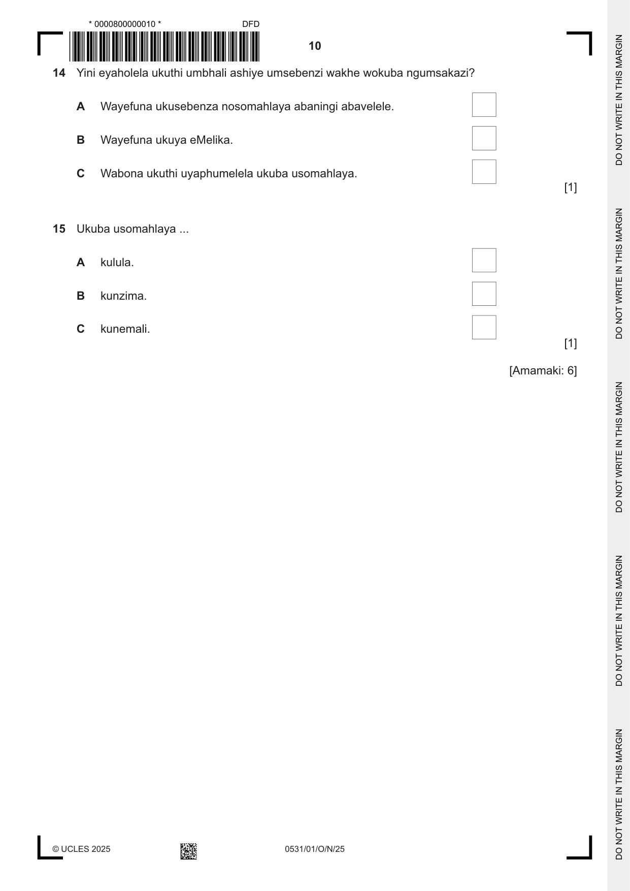 Cambridge IGCSE IsiZulu as a Second Language 0531 2025 Oct/Nov Paper 1 · Variant 0 question paper, page 10 of 20