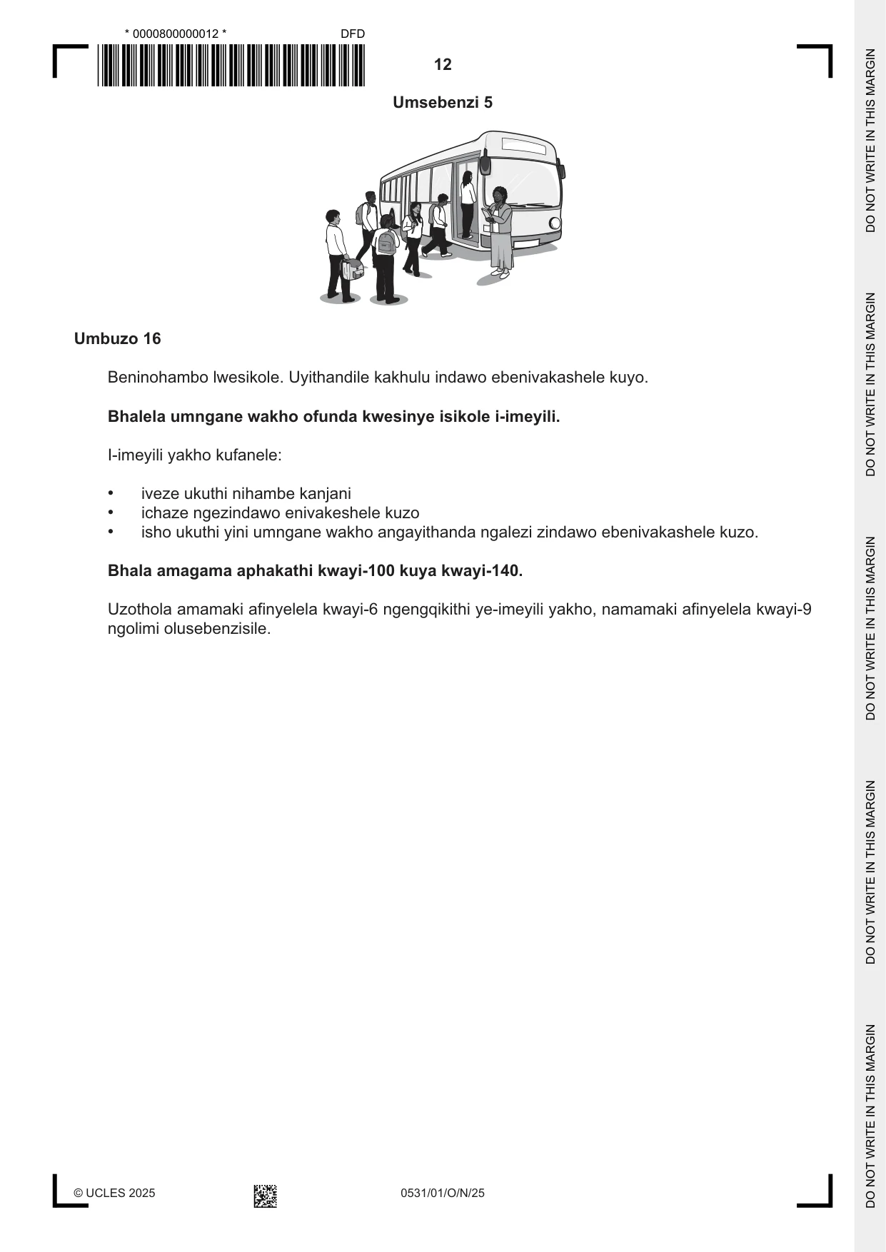 Cambridge IGCSE IsiZulu as a Second Language 0531 2025 Oct/Nov Paper 1 · Variant 0 question paper, page 12 of 20