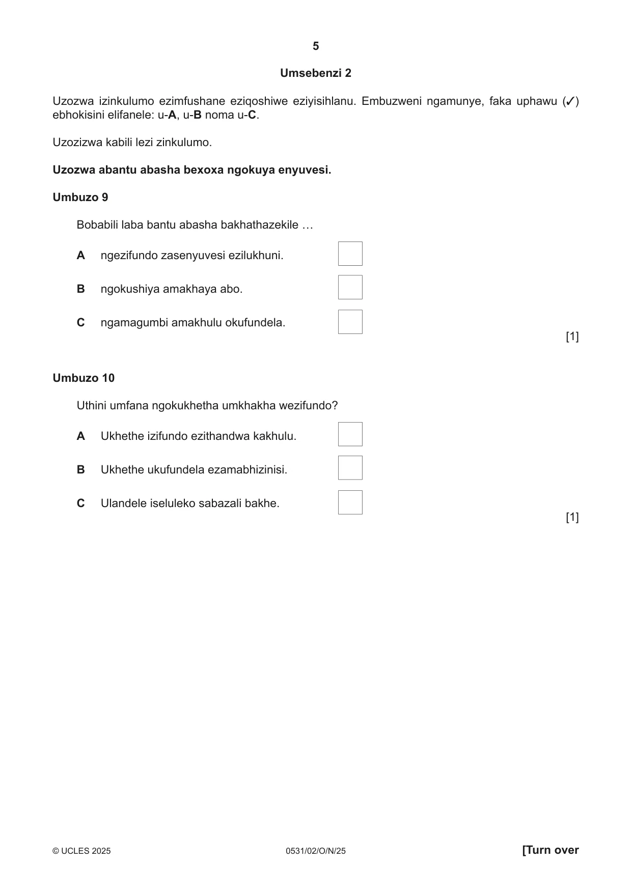 Cambridge IGCSE IsiZulu as a Second Language 0531 2025 Oct/Nov Paper 2 · Variant 0 question paper, page 5 of 16