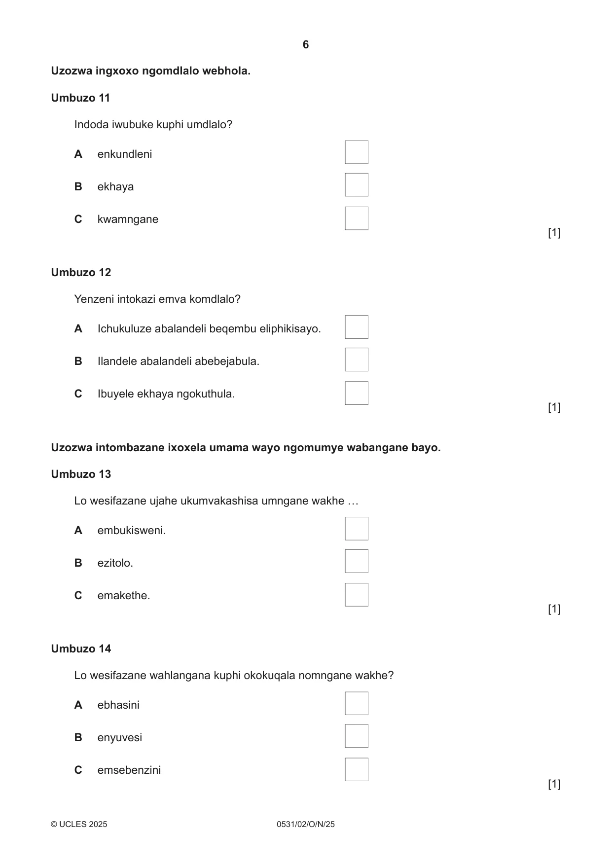 Cambridge IGCSE IsiZulu as a Second Language 0531 2025 Oct/Nov Paper 2 · Variant 0 question paper, page 6 of 16