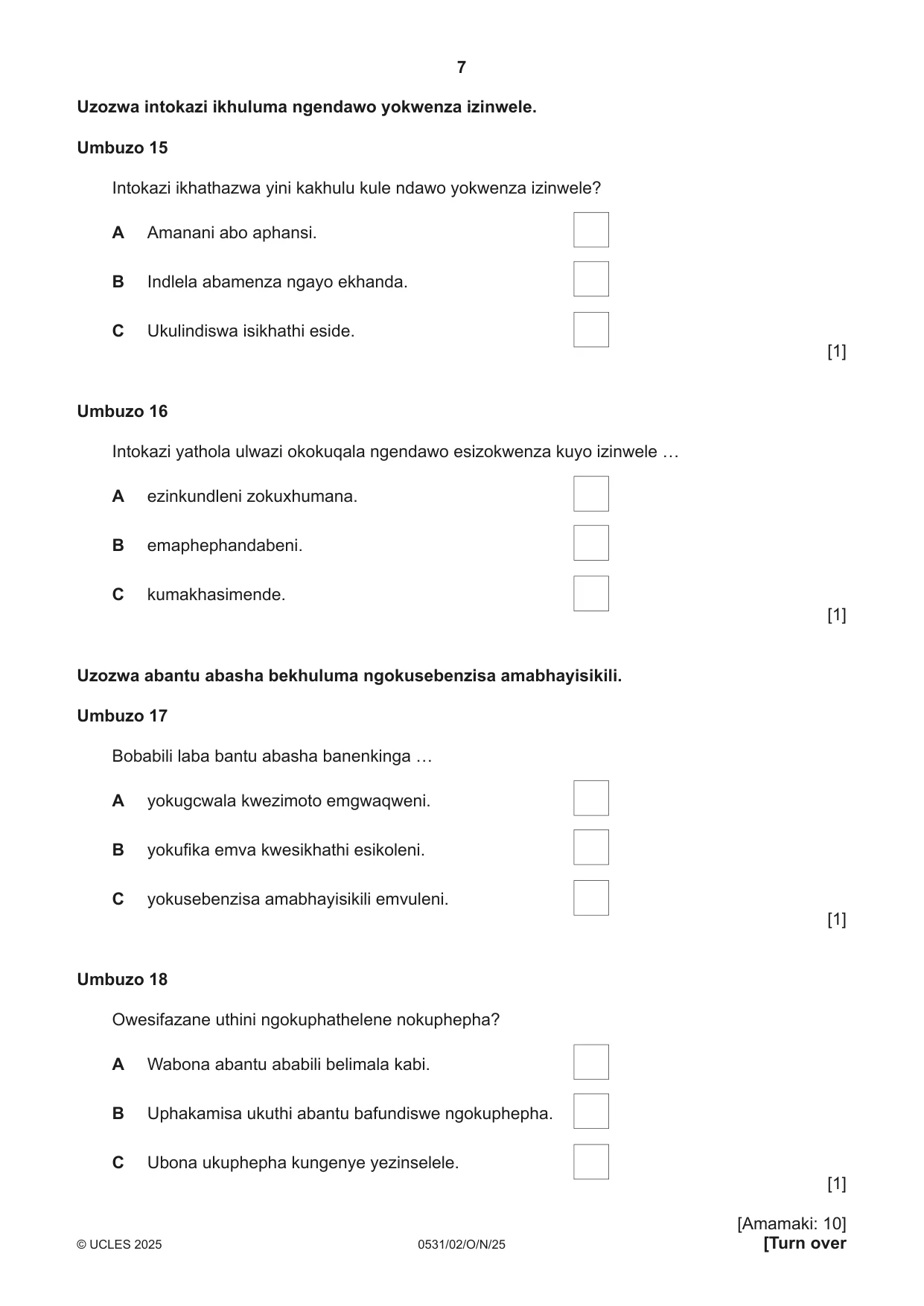 Cambridge IGCSE IsiZulu as a Second Language 0531 2025 Oct/Nov Paper 2 · Variant 0 question paper, page 7 of 16