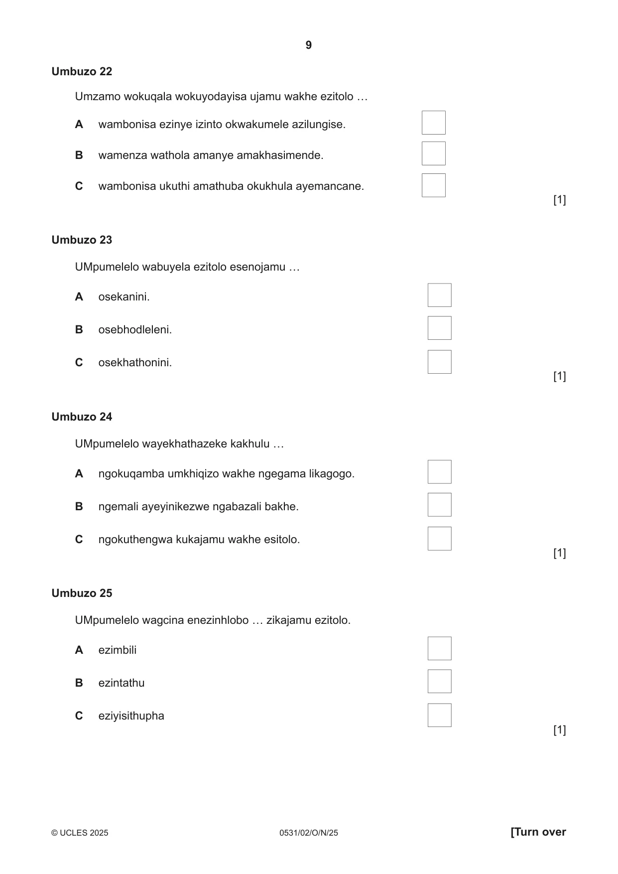 Cambridge IGCSE IsiZulu as a Second Language 0531 2025 Oct/Nov Paper 2 · Variant 0 question paper, page 9 of 16