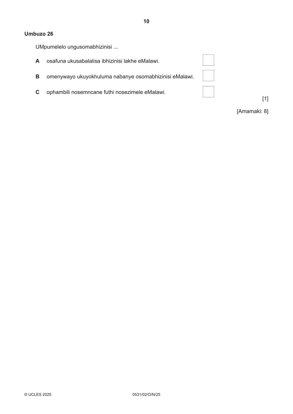 Cambridge IGCSE IsiZulu as a Second Language 0531 2025 Oct/Nov Paper 2 · Variant 0 question paper, page 10 of 16