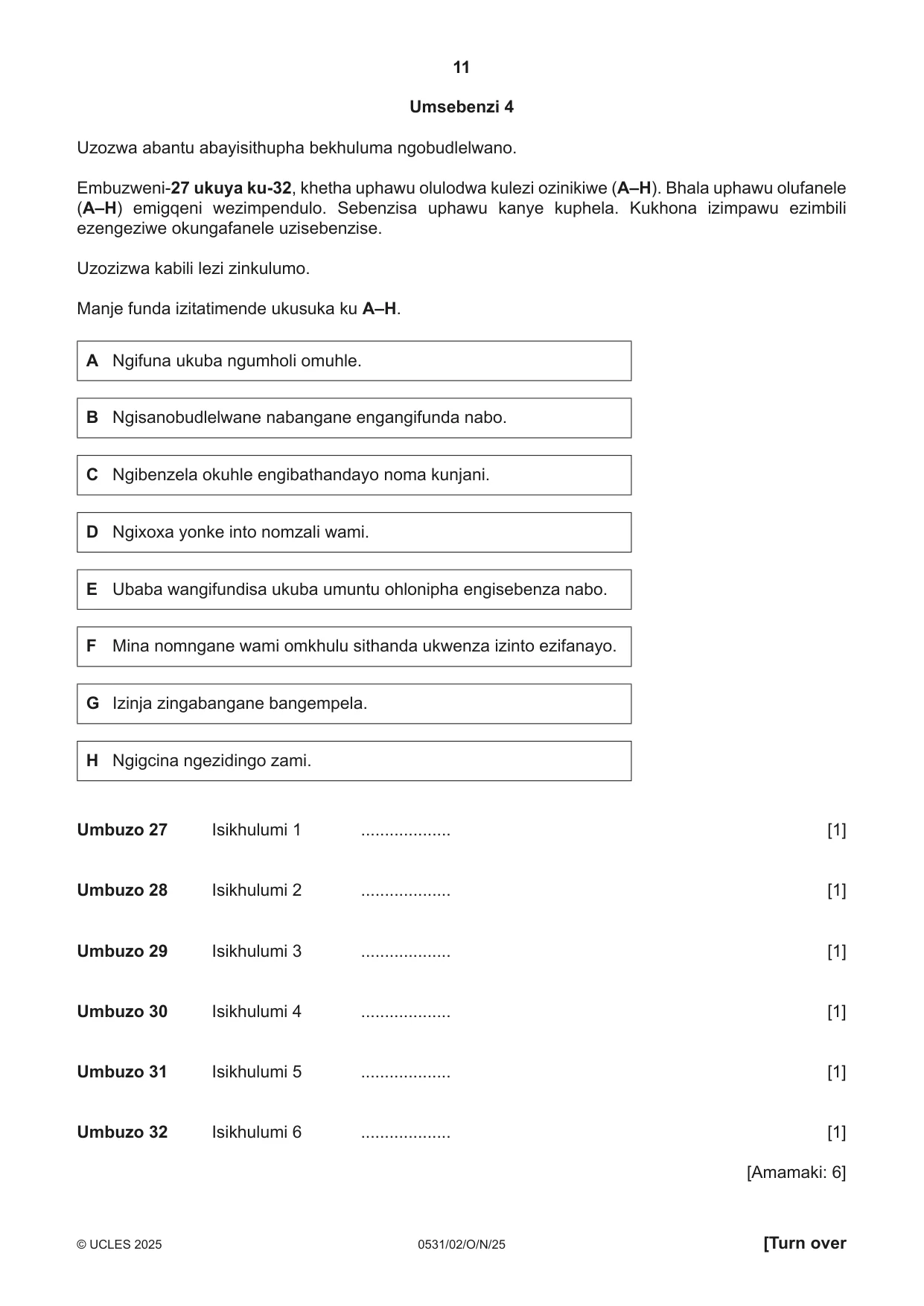Cambridge IGCSE IsiZulu as a Second Language 0531 2025 Oct/Nov Paper 2 · Variant 0 question paper, page 11 of 16