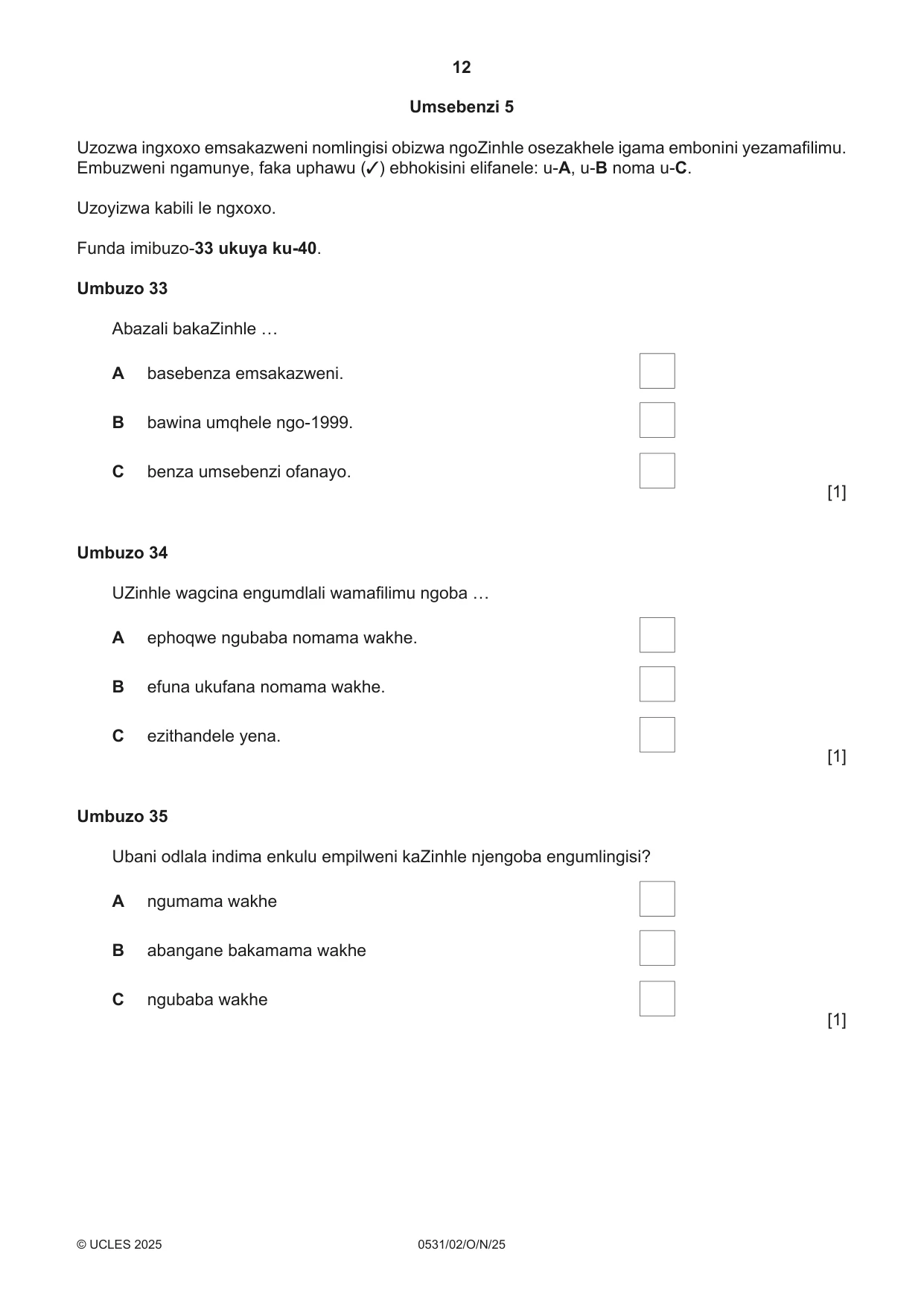 Cambridge IGCSE IsiZulu as a Second Language 0531 2025 Oct/Nov Paper 2 · Variant 0 question paper, page 12 of 16