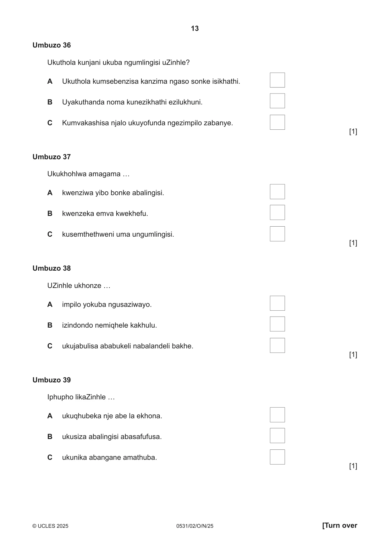 Cambridge IGCSE IsiZulu as a Second Language 0531 2025 Oct/Nov Paper 2 · Variant 0 question paper, page 13 of 16