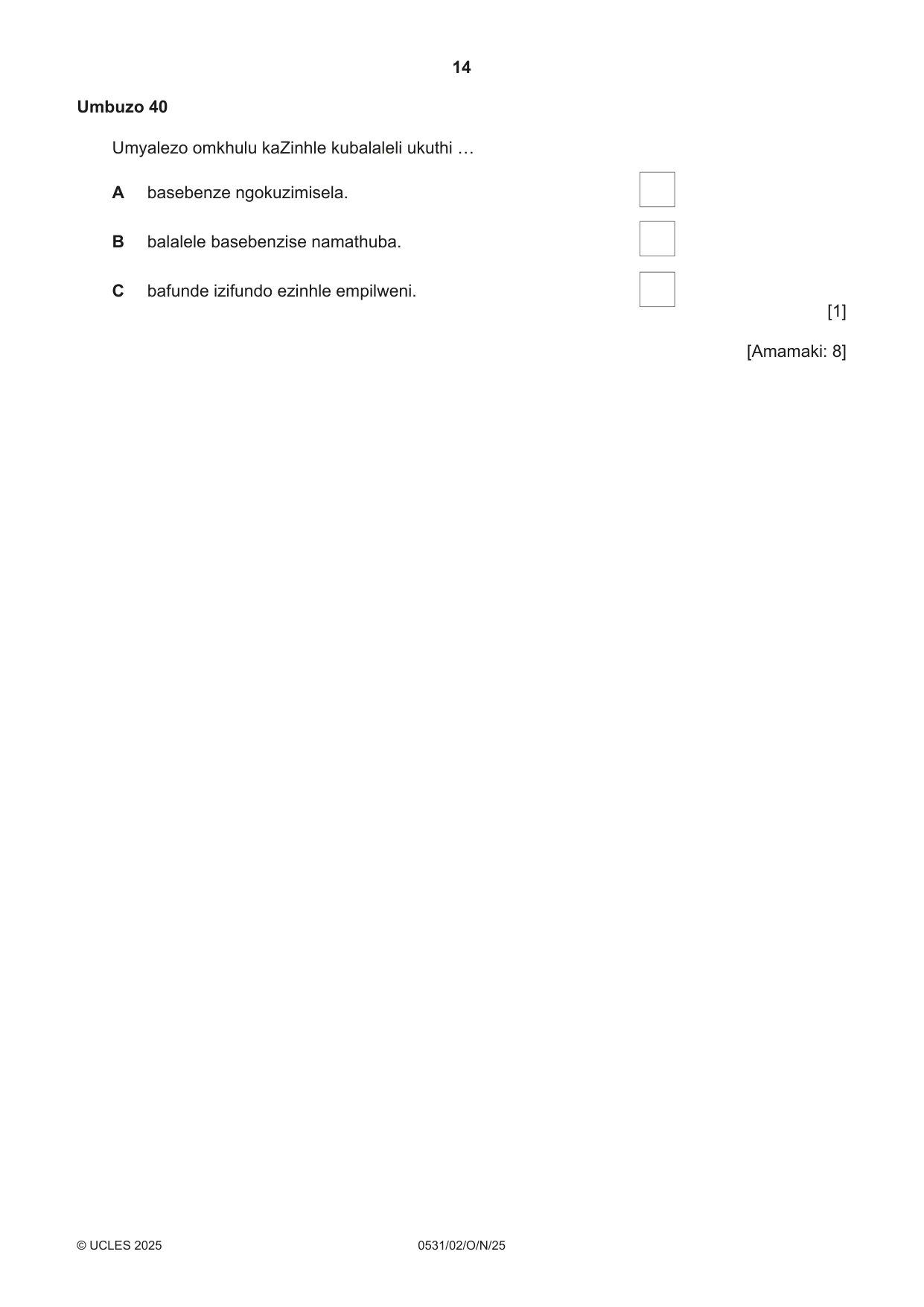 Cambridge IGCSE IsiZulu as a Second Language 0531 2025 Oct/Nov Paper 2 · Variant 0 question paper, page 14 of 16