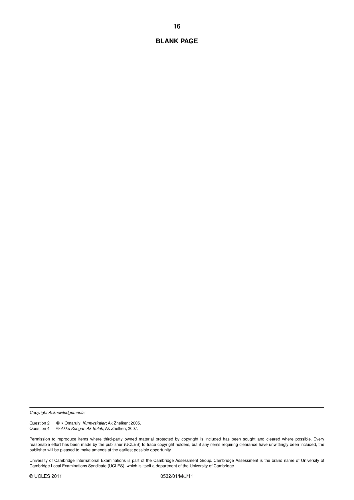 Cambridge IGCSE Kazakh as a Second Language 0532 2011 May/June Paper 1 · Variant 1 question paper, page 16 of 16