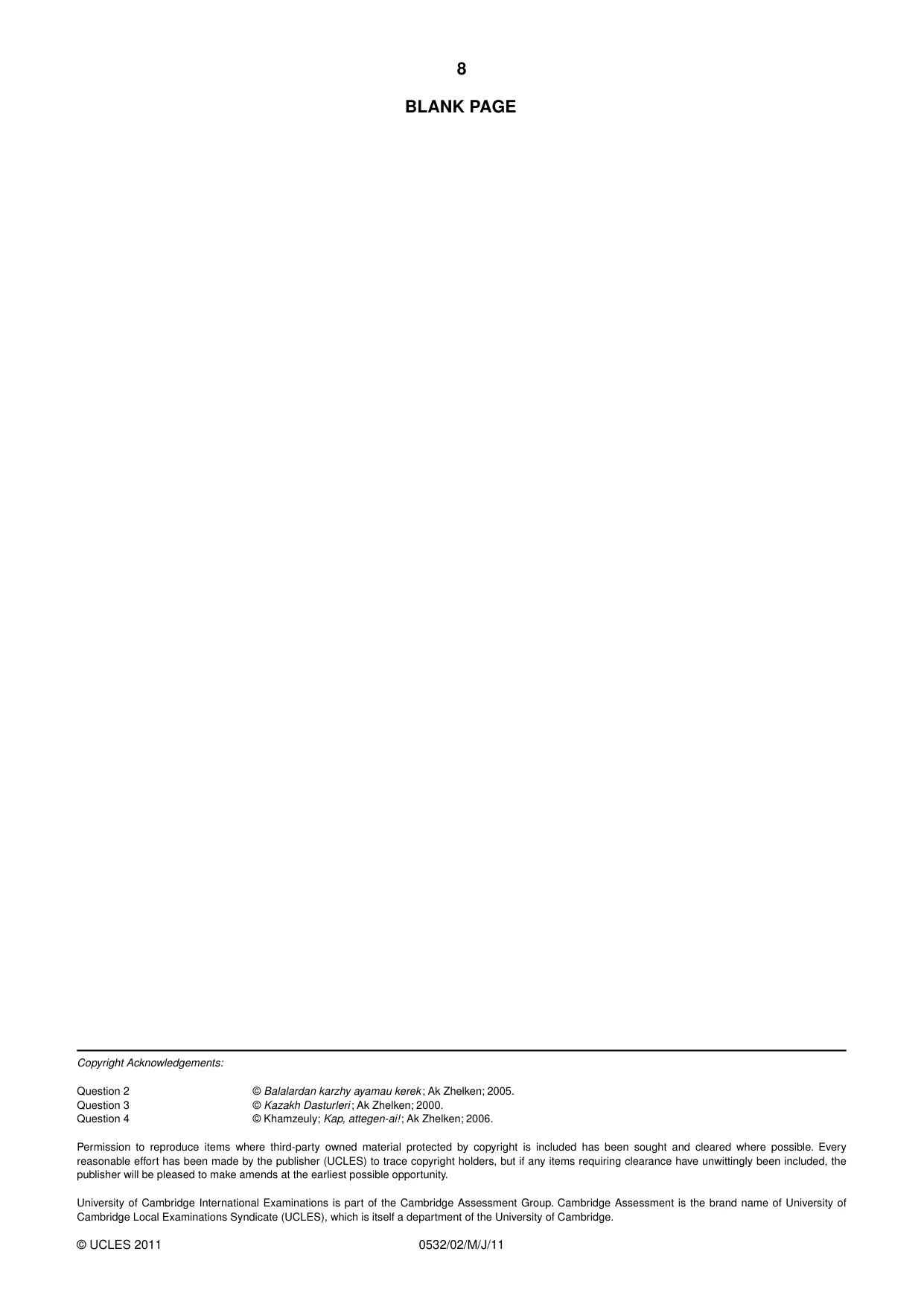 Cambridge IGCSE Kazakh as a Second Language 0532 2011 May/June Paper 2 · Variant 1 question paper, page 8 of 8