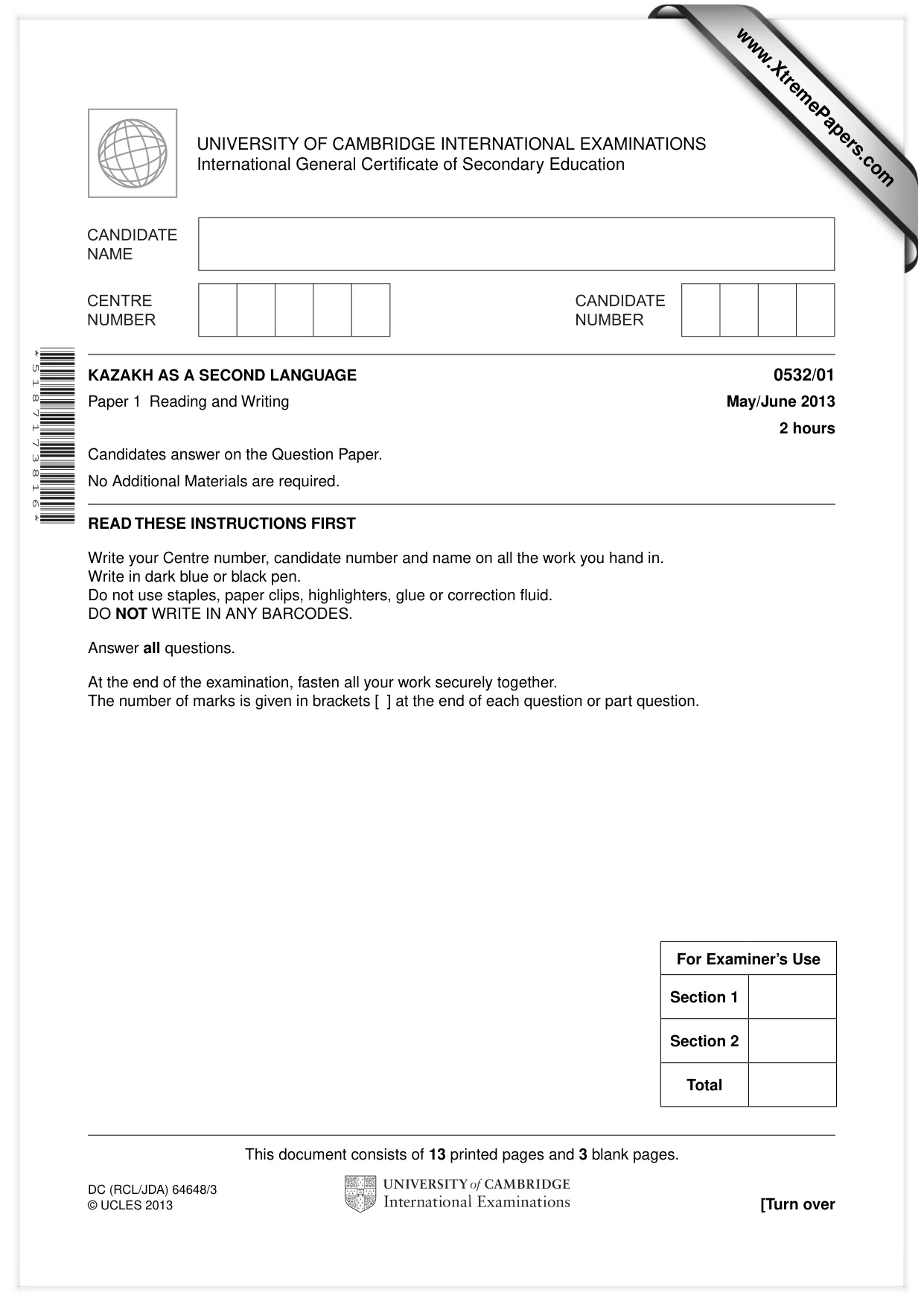 Cambridge IGCSE Kazakh as a Second Language 0532 2013 May/June Paper 1 · Variant 1 question paper, page 1 of 16