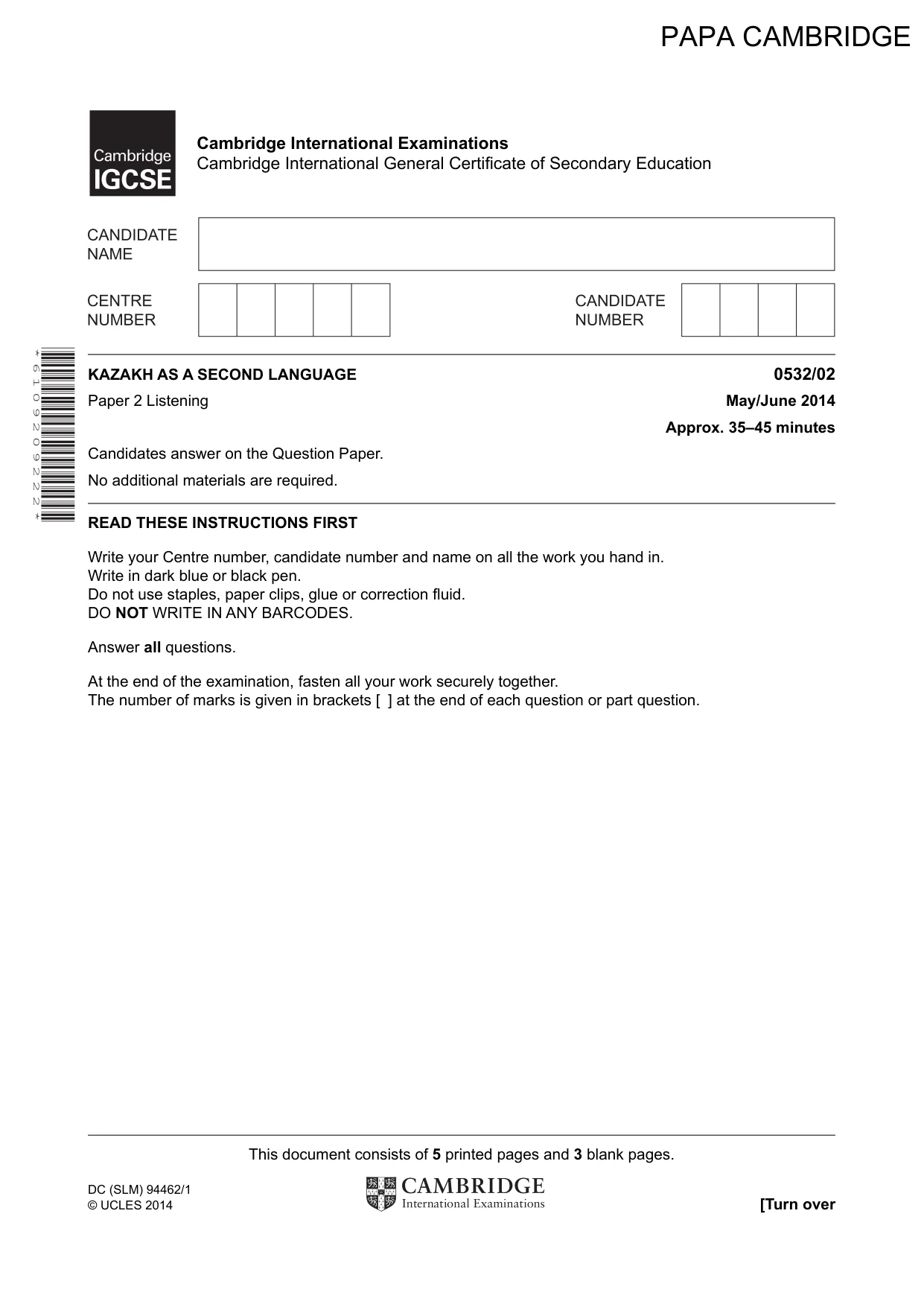 Cambridge IGCSE Kazakh as a Second Language 0532 2014 May/June Paper 2 · Variant 1 question paper, page 1 of 8