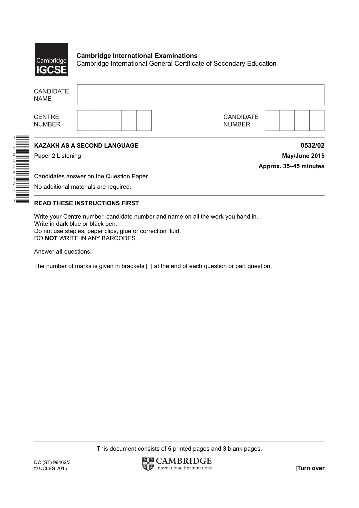 Cambridge IGCSE Kazakh as a Second Language 0532 2015 May/June Paper 2 · Variant 1 question paper, page 1 of 8