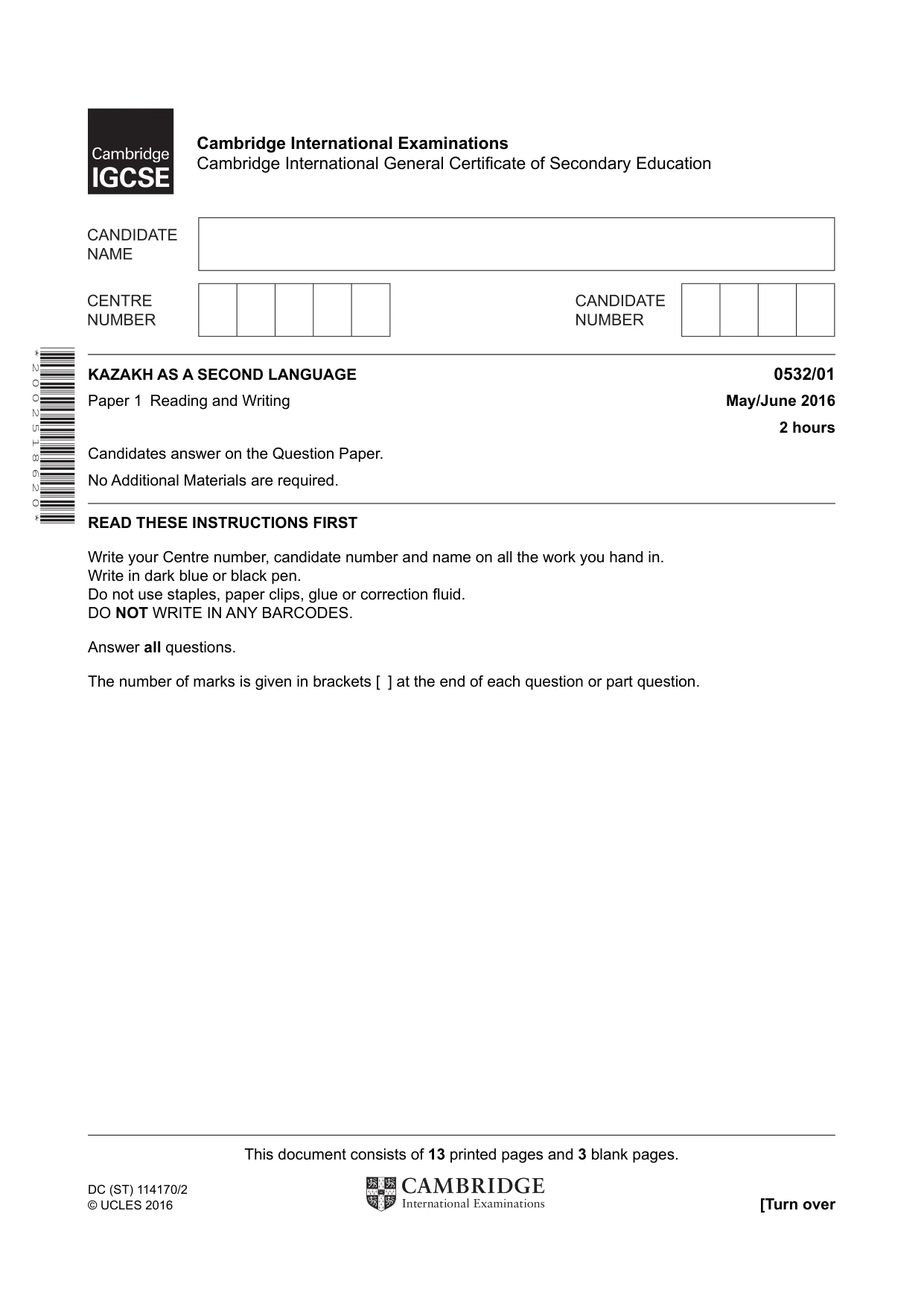 Cambridge IGCSE Kazakh as a Second Language 0532 2016 May/June Paper 1 · Variant 0 question paper, page 1 of 16