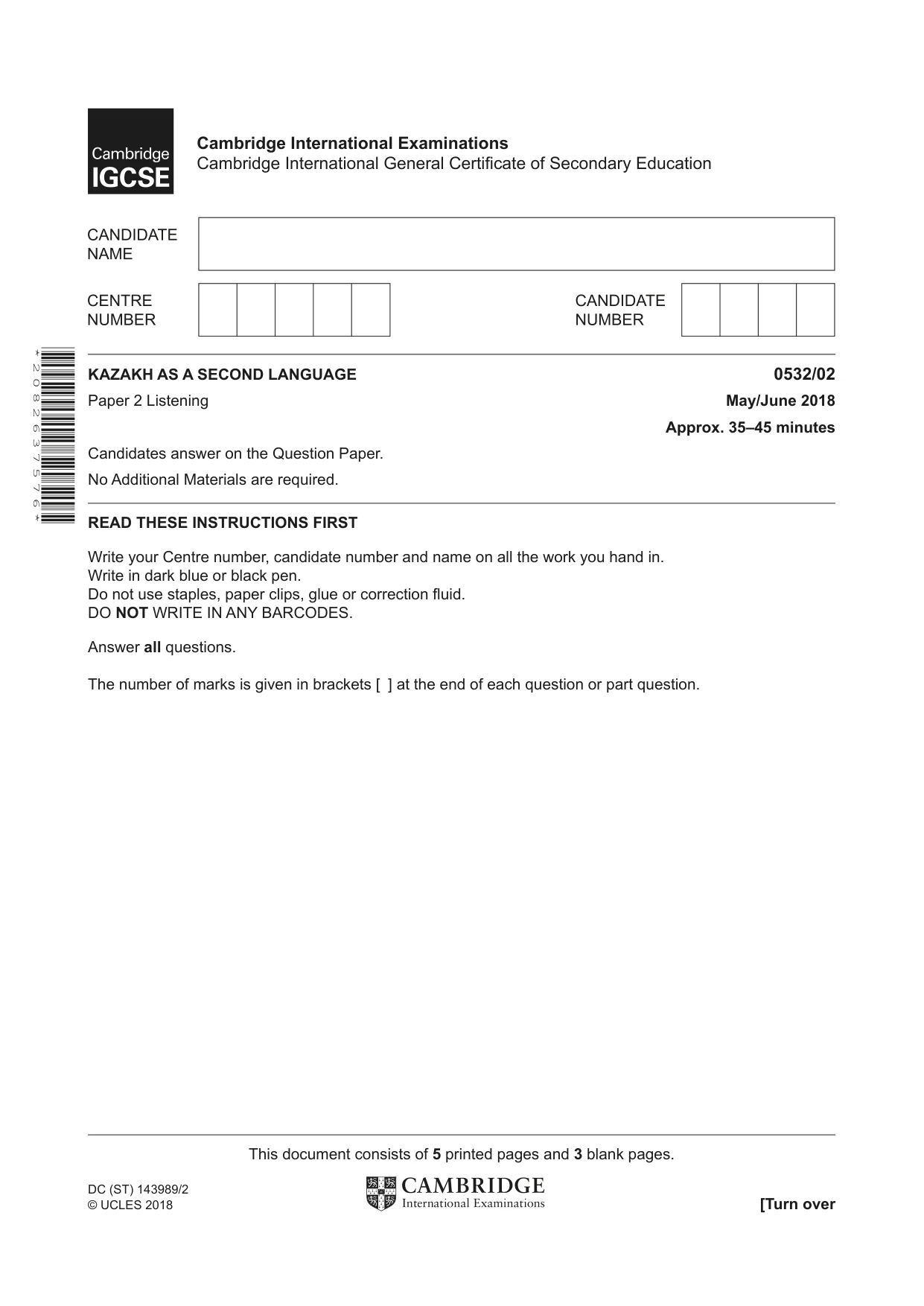 Cambridge IGCSE Kazakh as a Second Language 0532 2018 May/June Paper 2 · Variant 0 question paper, page 1 of 8