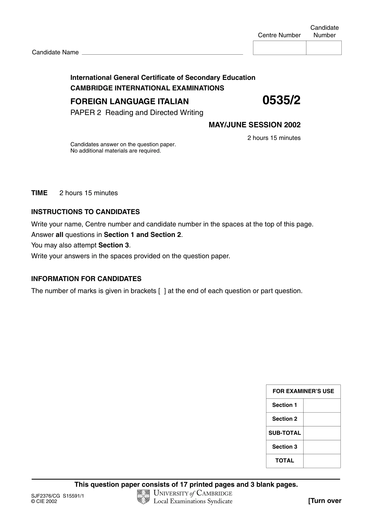 Cambridge IGCSE Italian - Foreign Language 0535 2002 May/June Paper 2 · Variant 1 question paper, page 1 of 20
