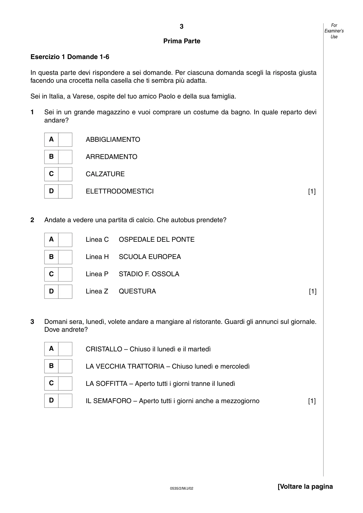 Cambridge IGCSE Italian - Foreign Language 0535 2002 May/June Paper 2 · Variant 1 question paper, page 3 of 20