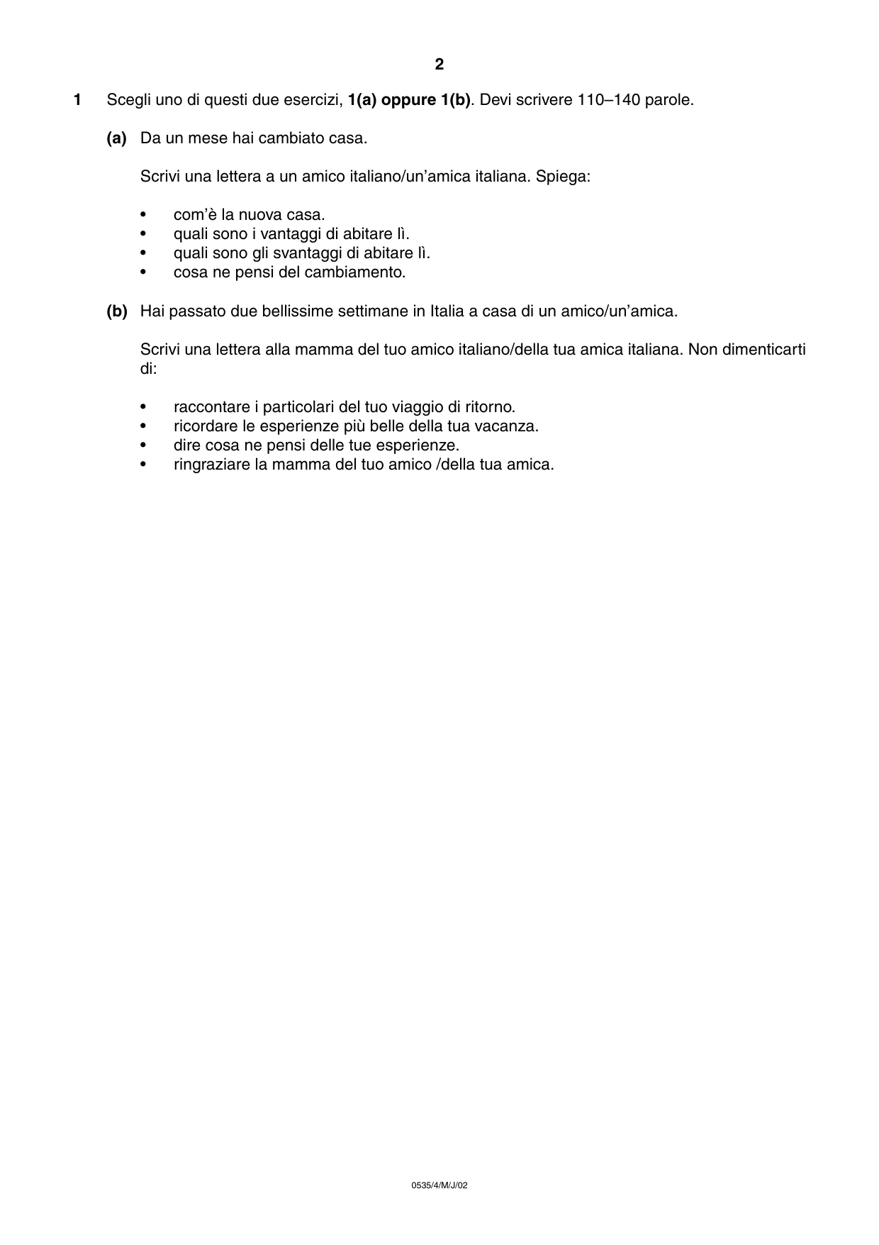 Cambridge IGCSE Italian - Foreign Language 0535 2002 May/June Paper 4 · Variant 1 question paper, page 2 of 4