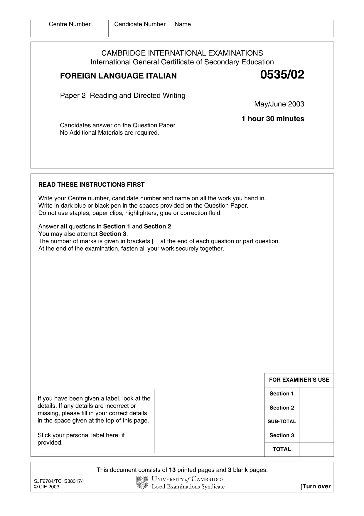 Cambridge IGCSE Italian - Foreign Language 0535 2003 May/June Paper 2 · Variant 1 question paper, page 1 of 16
