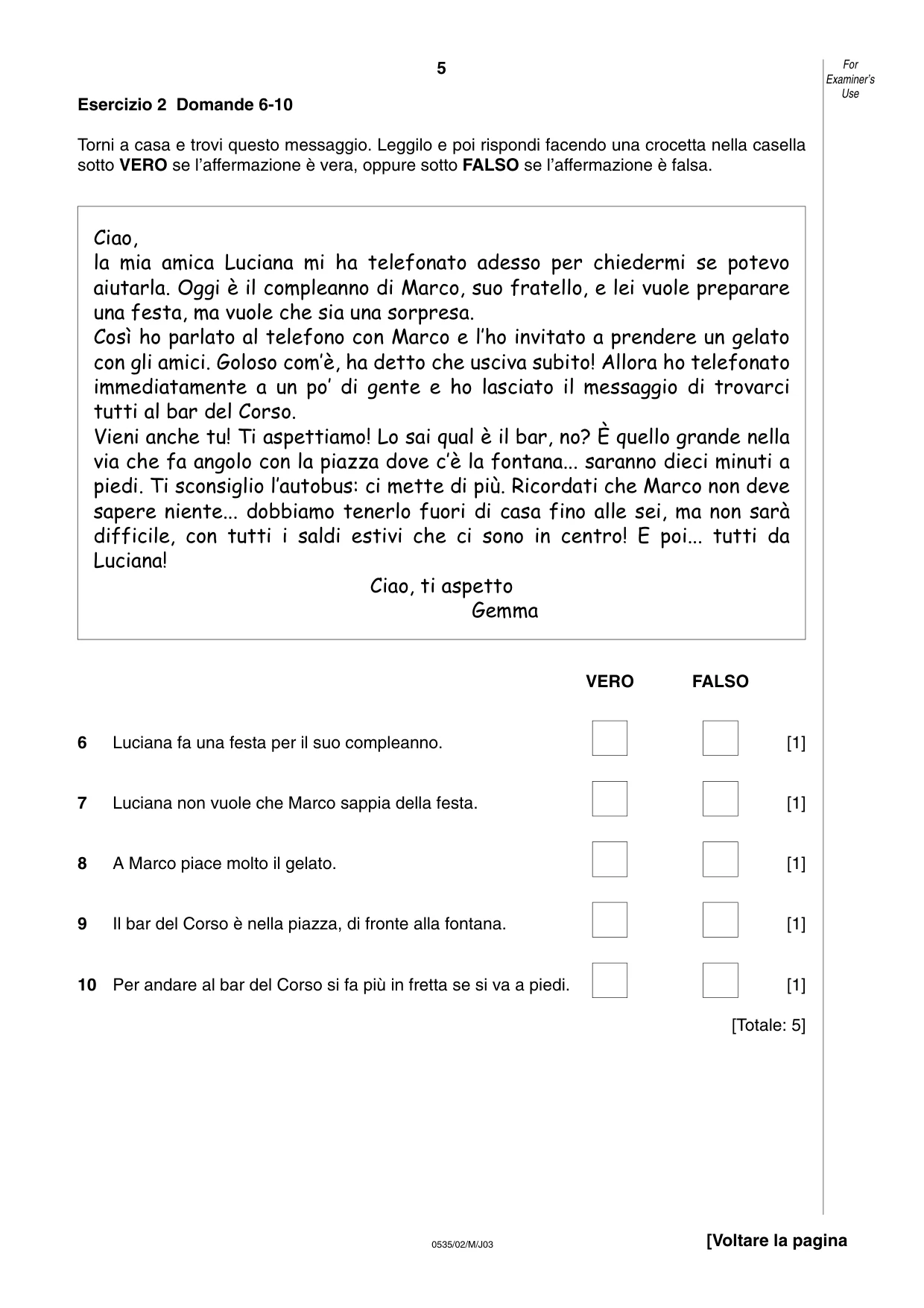 Cambridge IGCSE Italian - Foreign Language 0535 2003 May/June Paper 2 · Variant 1 question paper, page 5 of 16