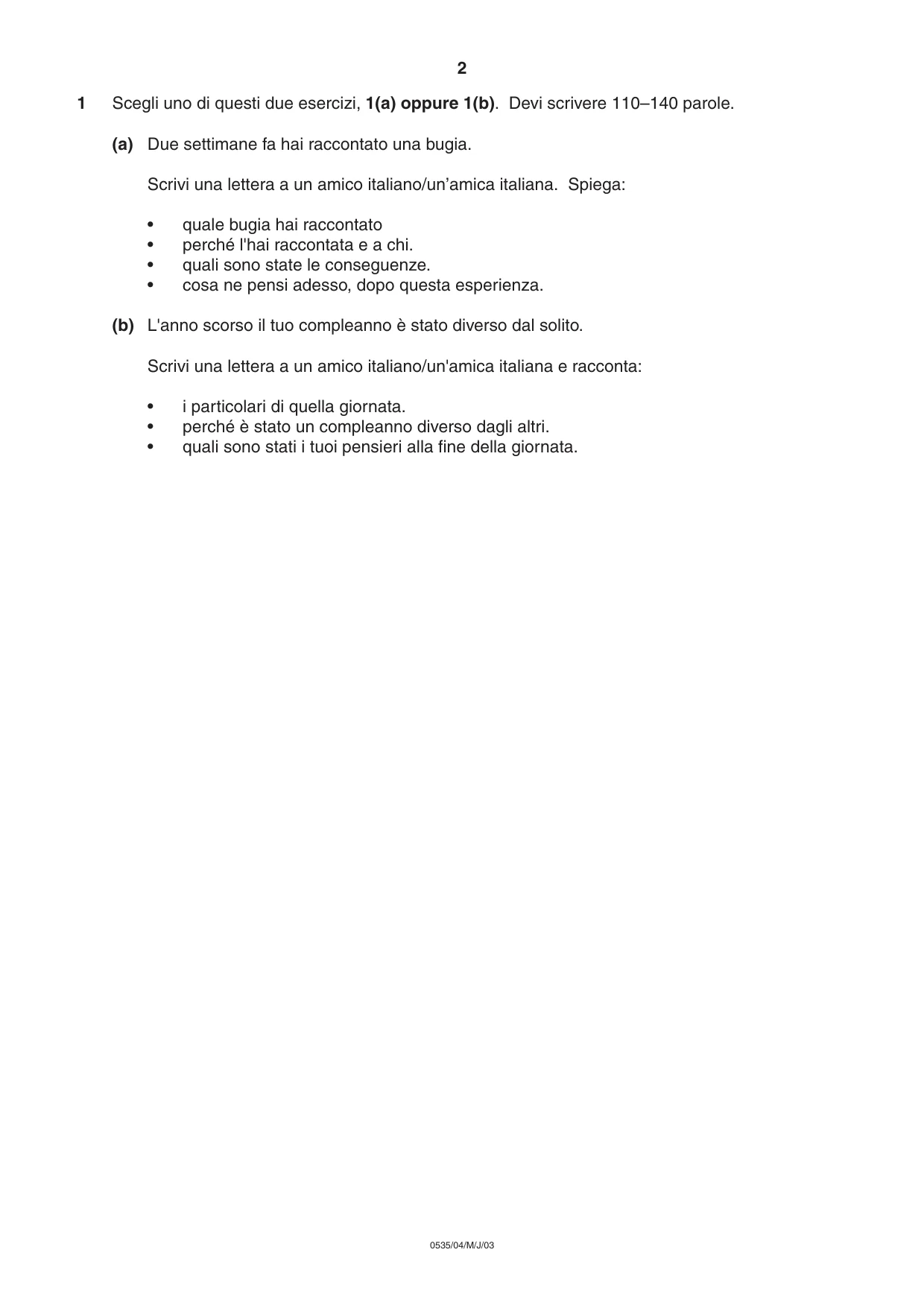 Cambridge IGCSE Italian - Foreign Language 0535 2003 May/June Paper 4 · Variant 1 question paper, page 2 of 4