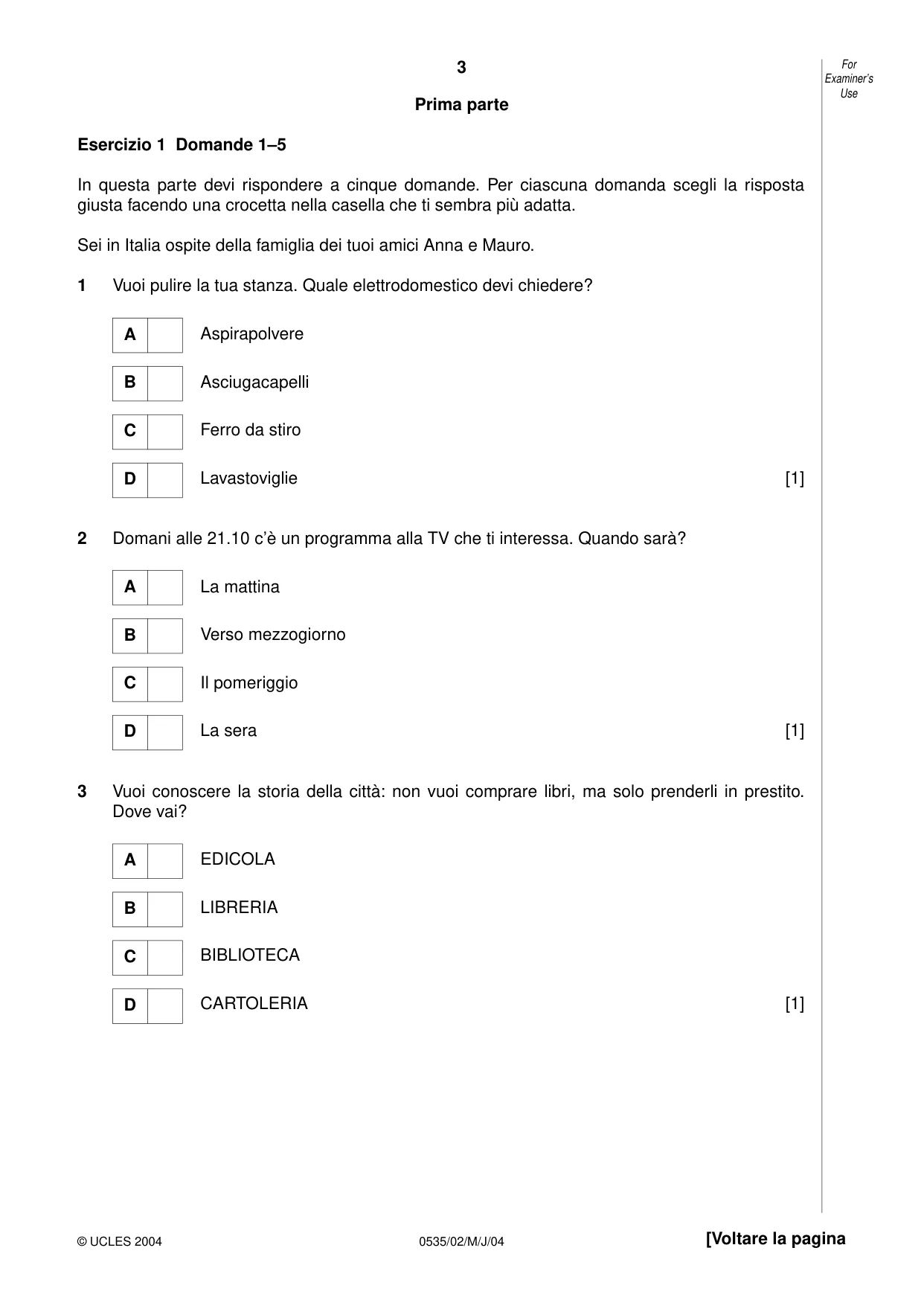 Cambridge IGCSE Italian - Foreign Language 0535 2004 May/June Paper 2 · Variant 1 question paper, page 3 of 16
