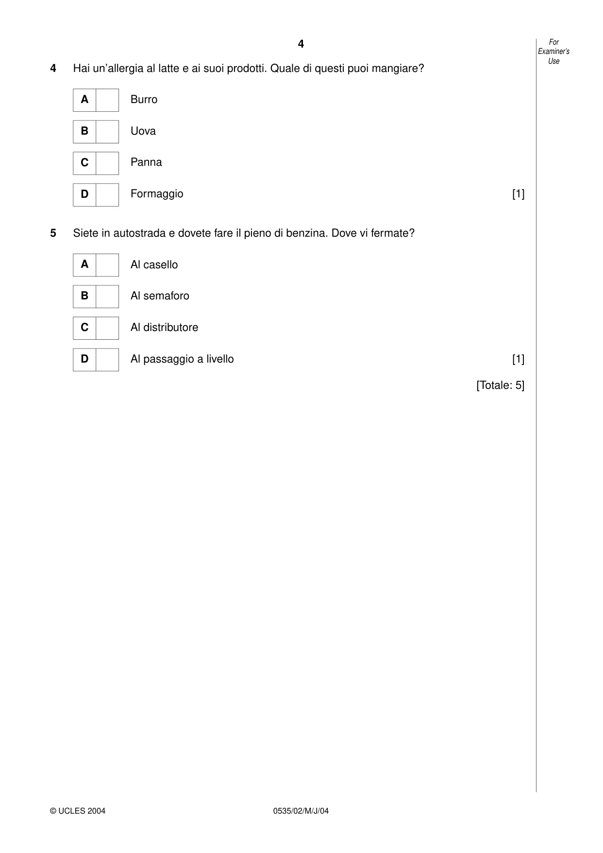 Cambridge IGCSE Italian - Foreign Language 0535 2004 May/June Paper 2 · Variant 1 question paper, page 4 of 16