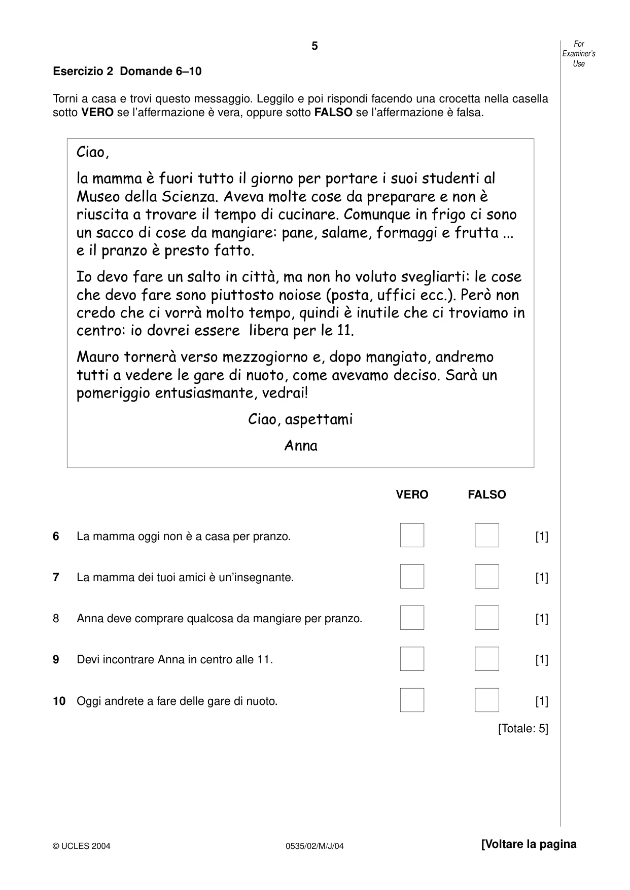 Cambridge IGCSE Italian - Foreign Language 0535 2004 May/June Paper 2 · Variant 1 question paper, page 5 of 16