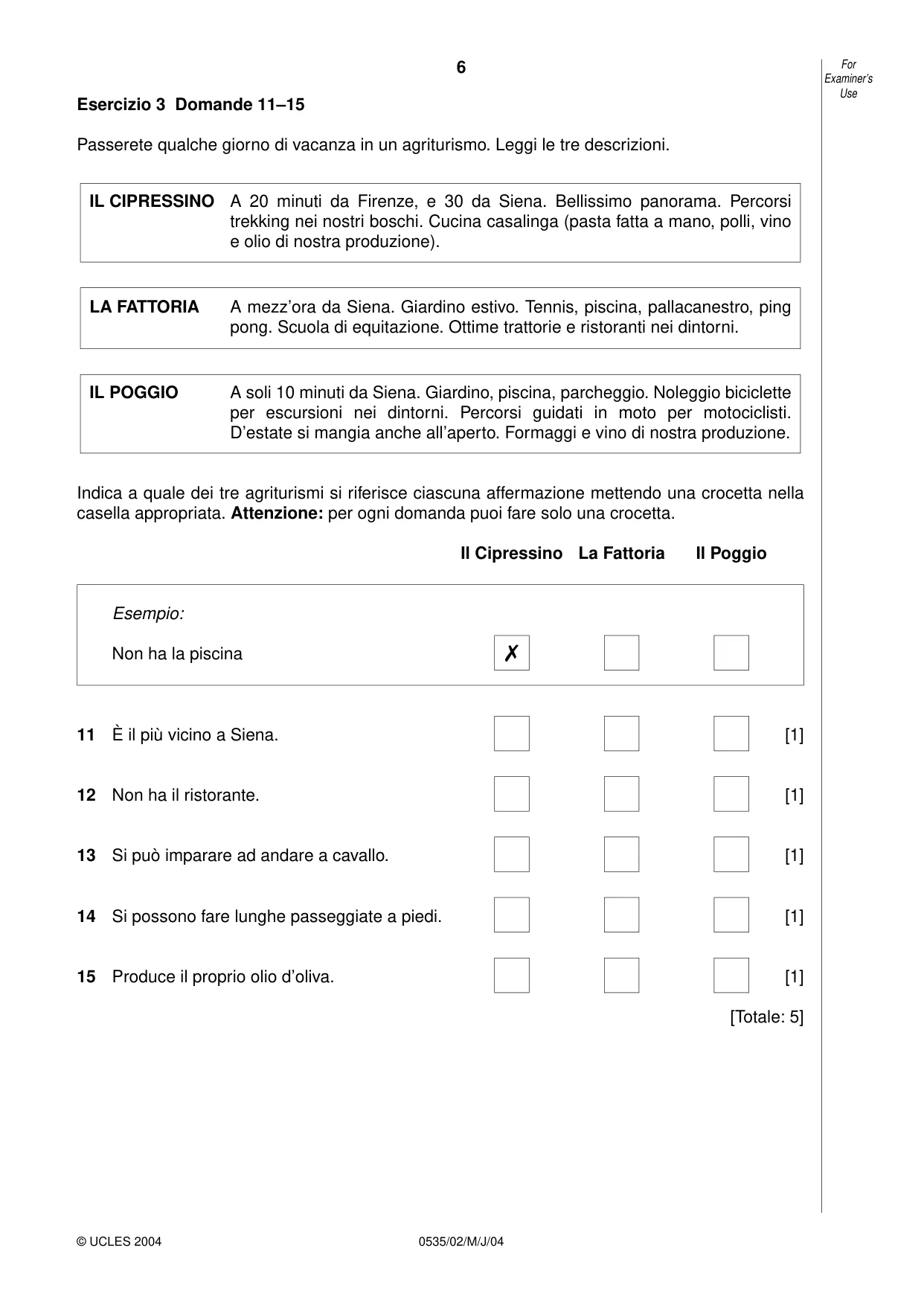Cambridge IGCSE Italian - Foreign Language 0535 2004 May/June Paper 2 · Variant 1 question paper, page 6 of 16