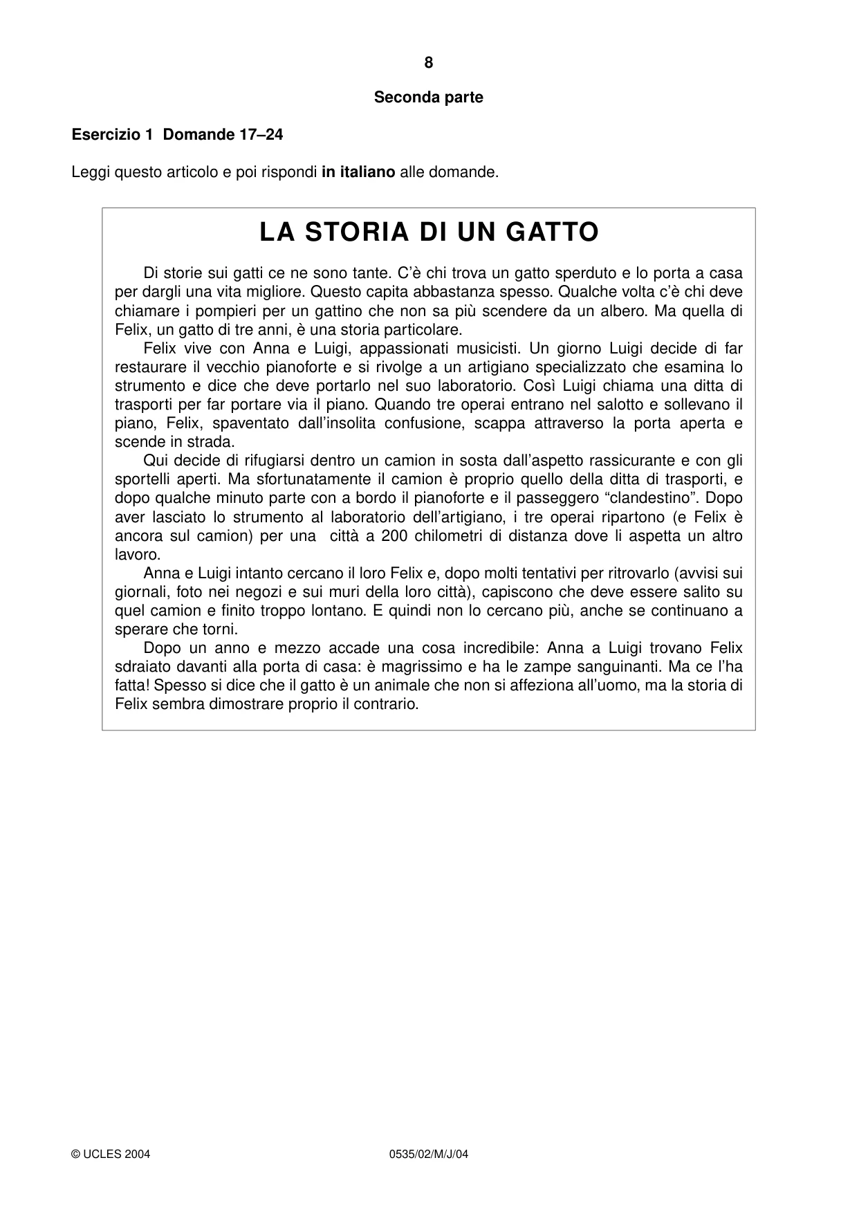 Cambridge IGCSE Italian - Foreign Language 0535 2004 May/June Paper 2 · Variant 1 question paper, page 8 of 16