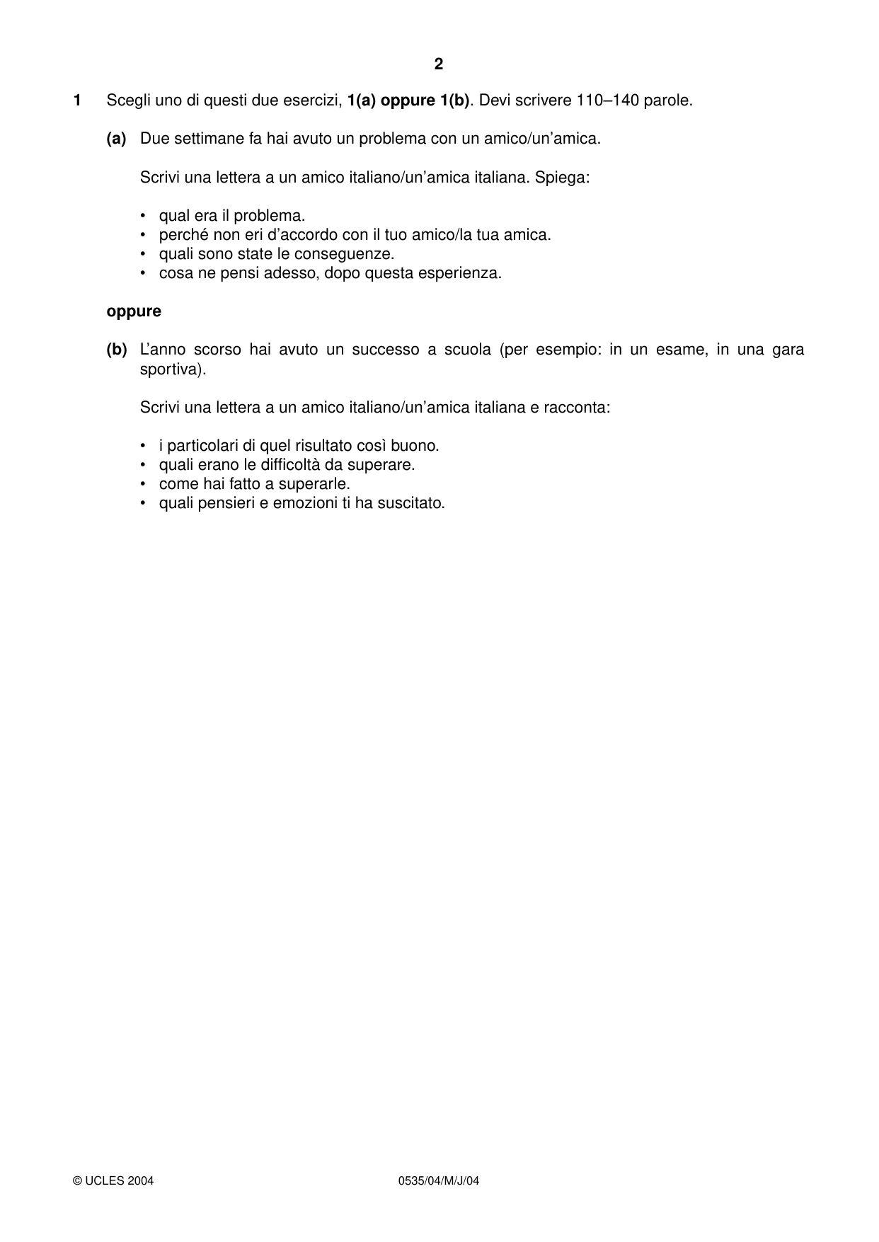 Cambridge IGCSE Italian - Foreign Language 0535 2004 May/June Paper 4 · Variant 1 question paper, page 2 of 4